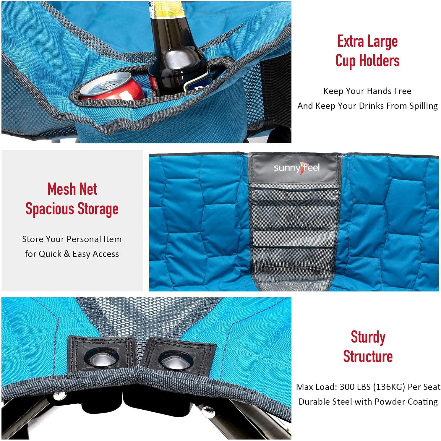 Sunnyfeel Heavy Duty Double Camping Chair Folding Loveseat with Mesh Storage, Comfortable for 2 Person, Blue - Image 5