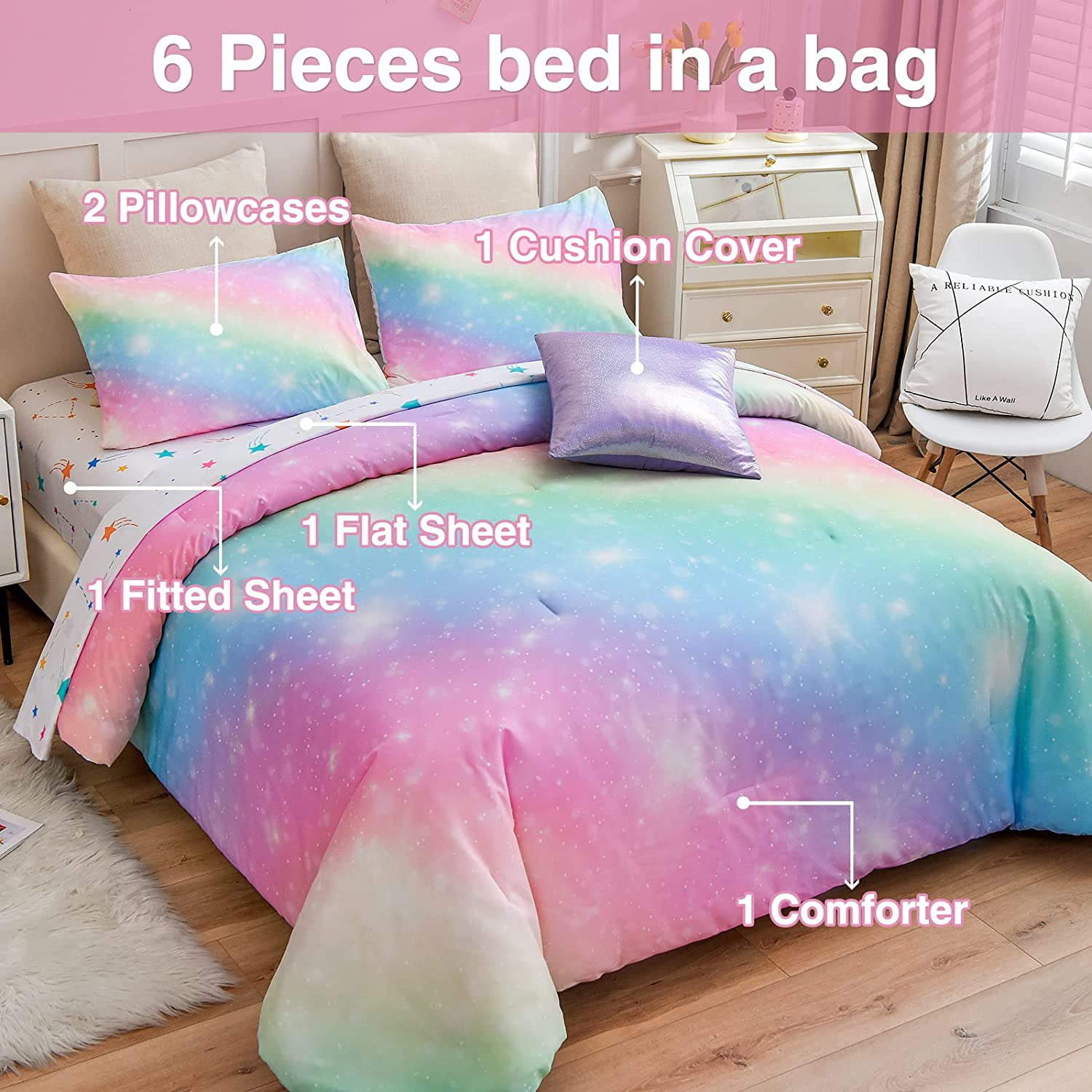 NTBED Gradient Glitter Bedding Set for Girls Twin Size Colorful Rainbow Galaxy Comforter Set Pink 6Pcs Bed in a Bag - Image 4
