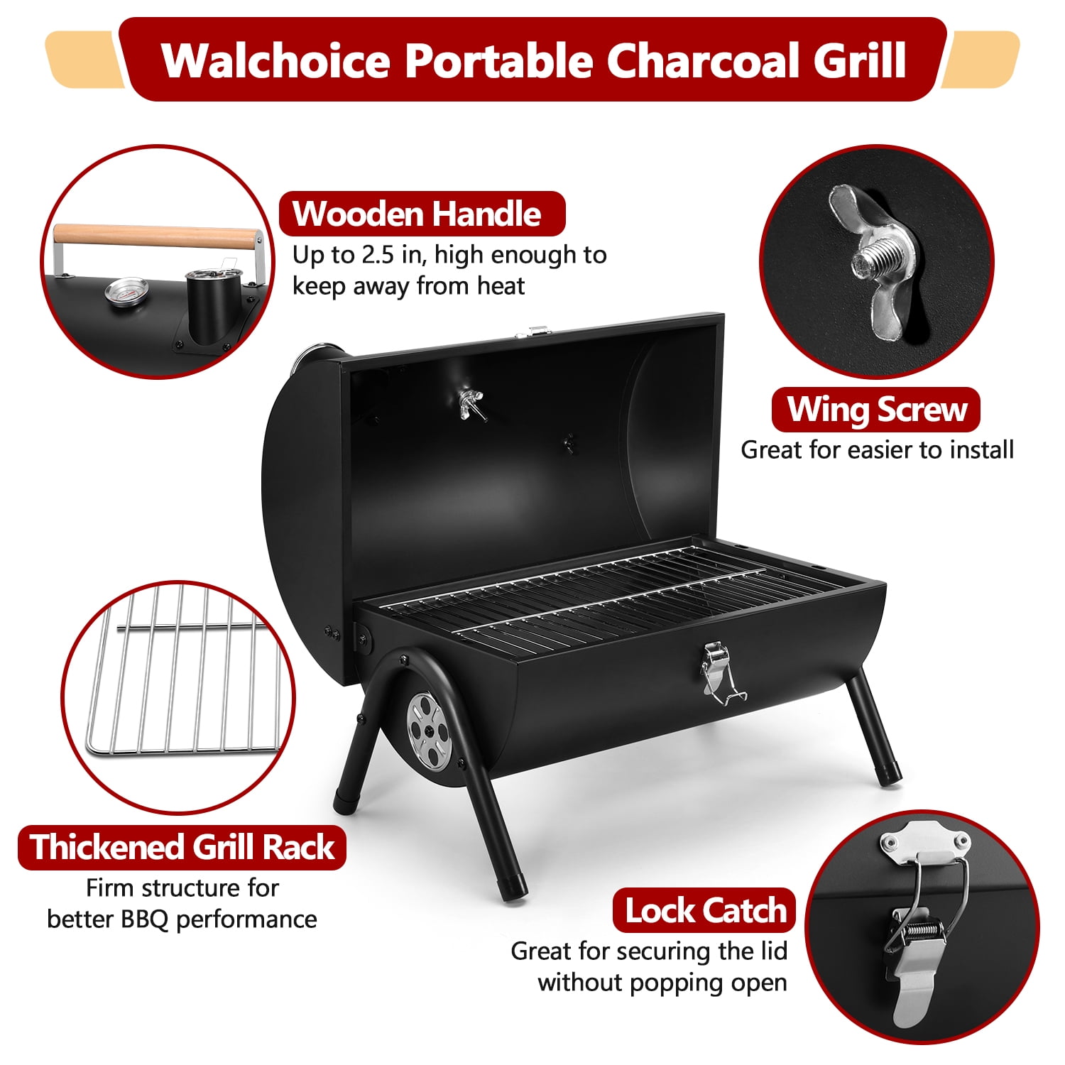Walchoice Tabletop Charcoal Grill with Thermometer & Chimney, Small Portable Barbecue Grill for Outdoor Cooking Camping Picnic Backyard Beach - Black - Image 7
