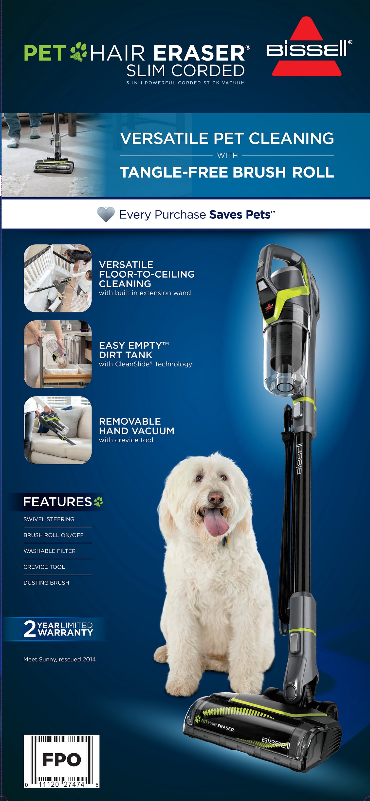 BISSELL Pet Hair Eraser Slim Corded Stick Vacuum, Carpet, Area Rugs, Hard Floor, Upholstery, Lightweight, Swivel Steering, Tangle-Free Brish Roll, 3875, Black - Image 2