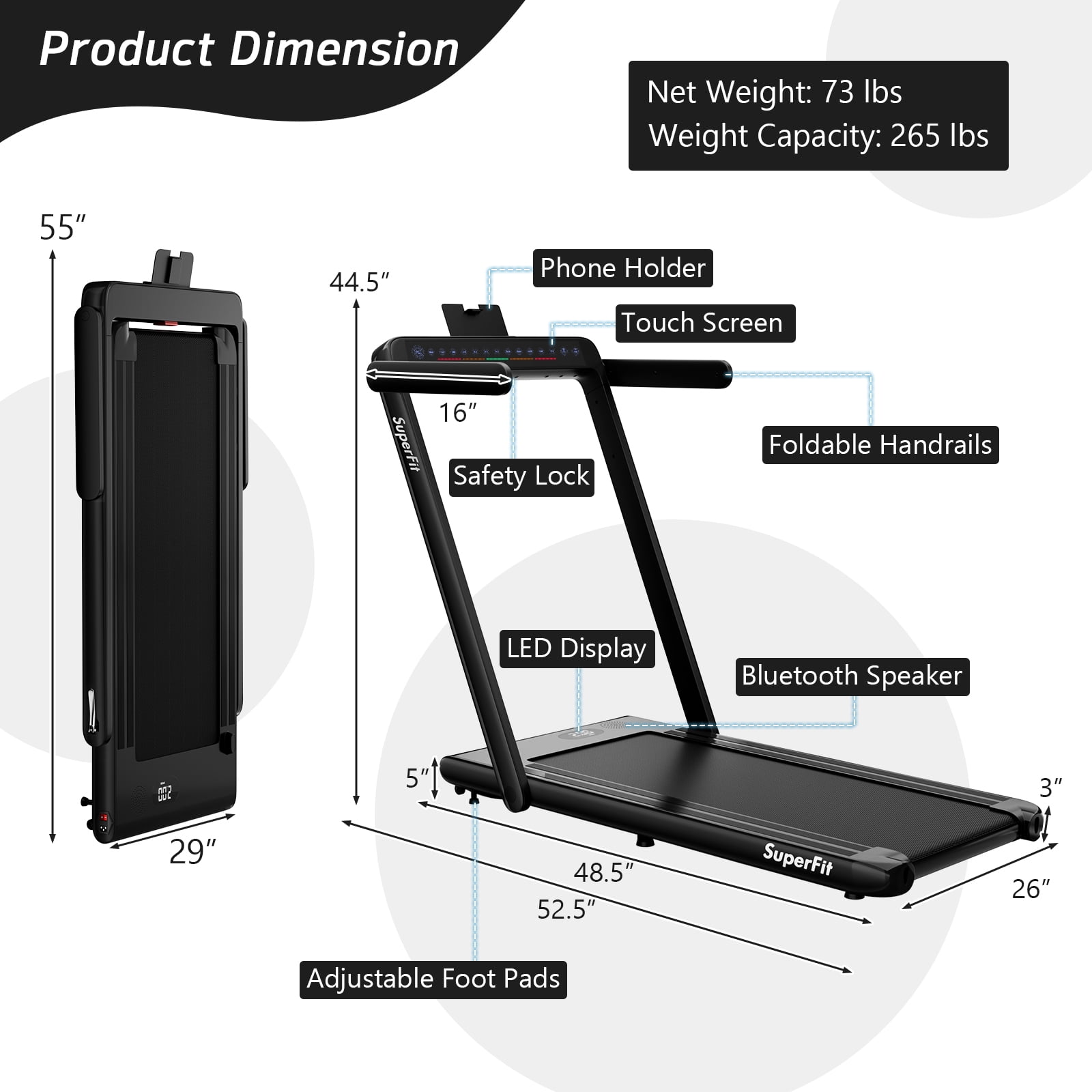 SuperFit Up To 7.5MPH 2.25HP 2 in 1 Dual Display Screen Treadmill Jogging Machine W/APP Control Black - Image 3