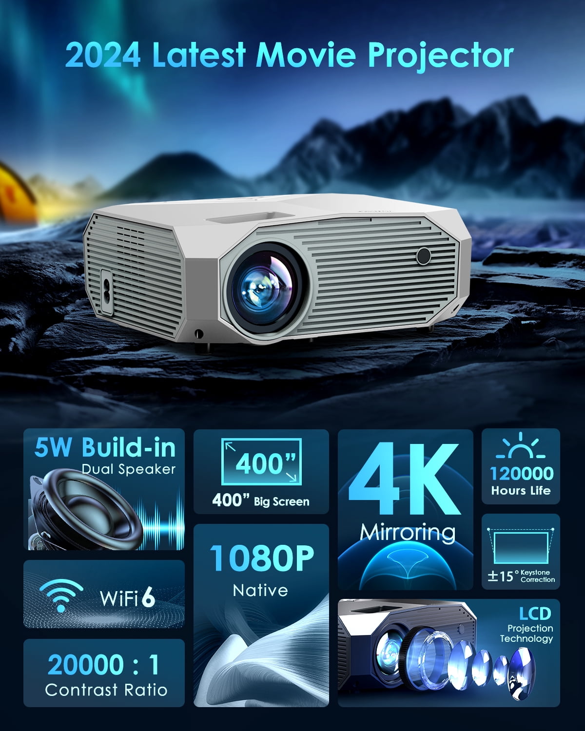 Hewcham 5G WiFi Bluetooth Projector, 22000LM Full HD Movie Projector with LCD Technology & Keystone - Image 6