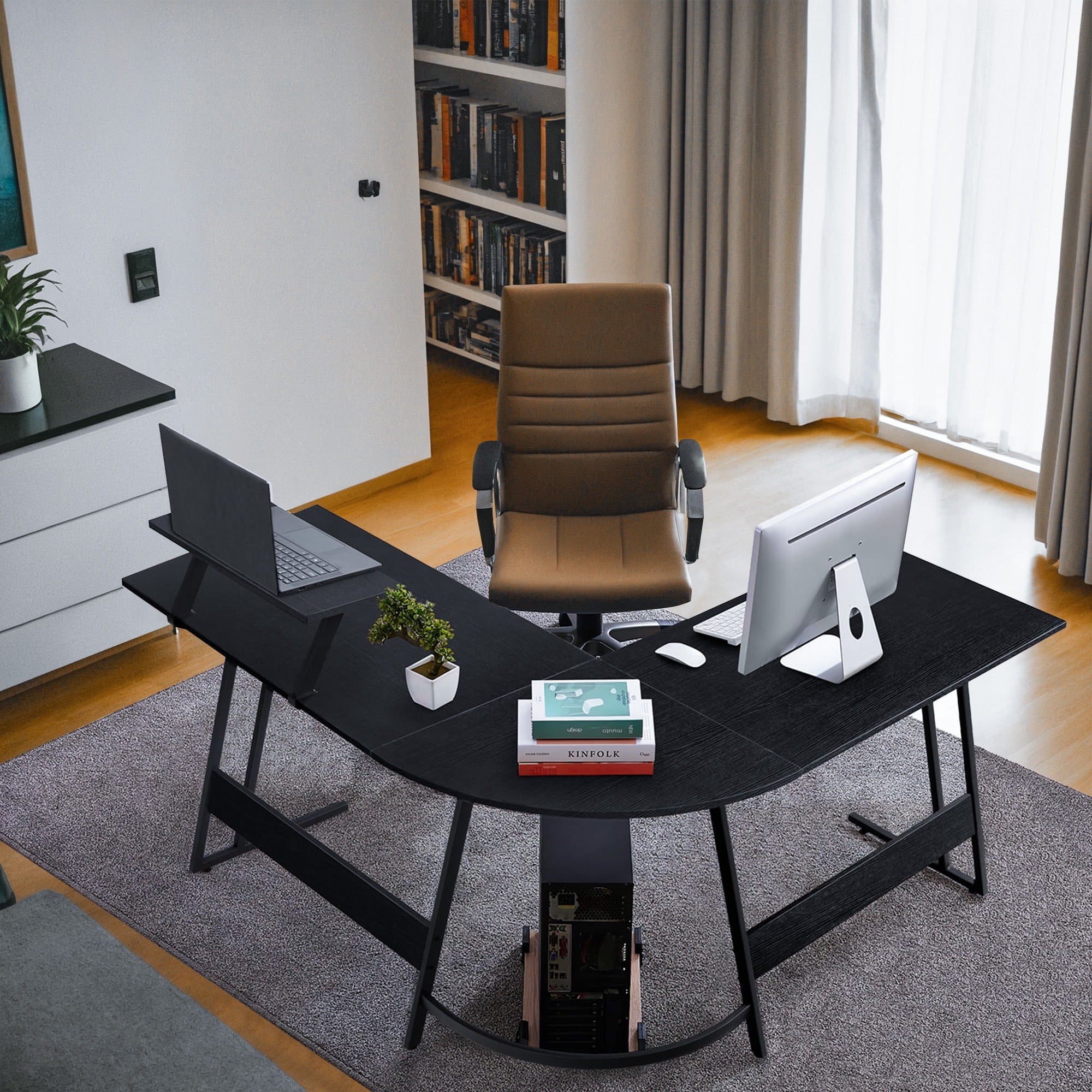 Vineego L-Shaped Computer Desk Modern Corner Desk Home Office Writing Sturdy Workstation with Movable Table, Black - Image 3