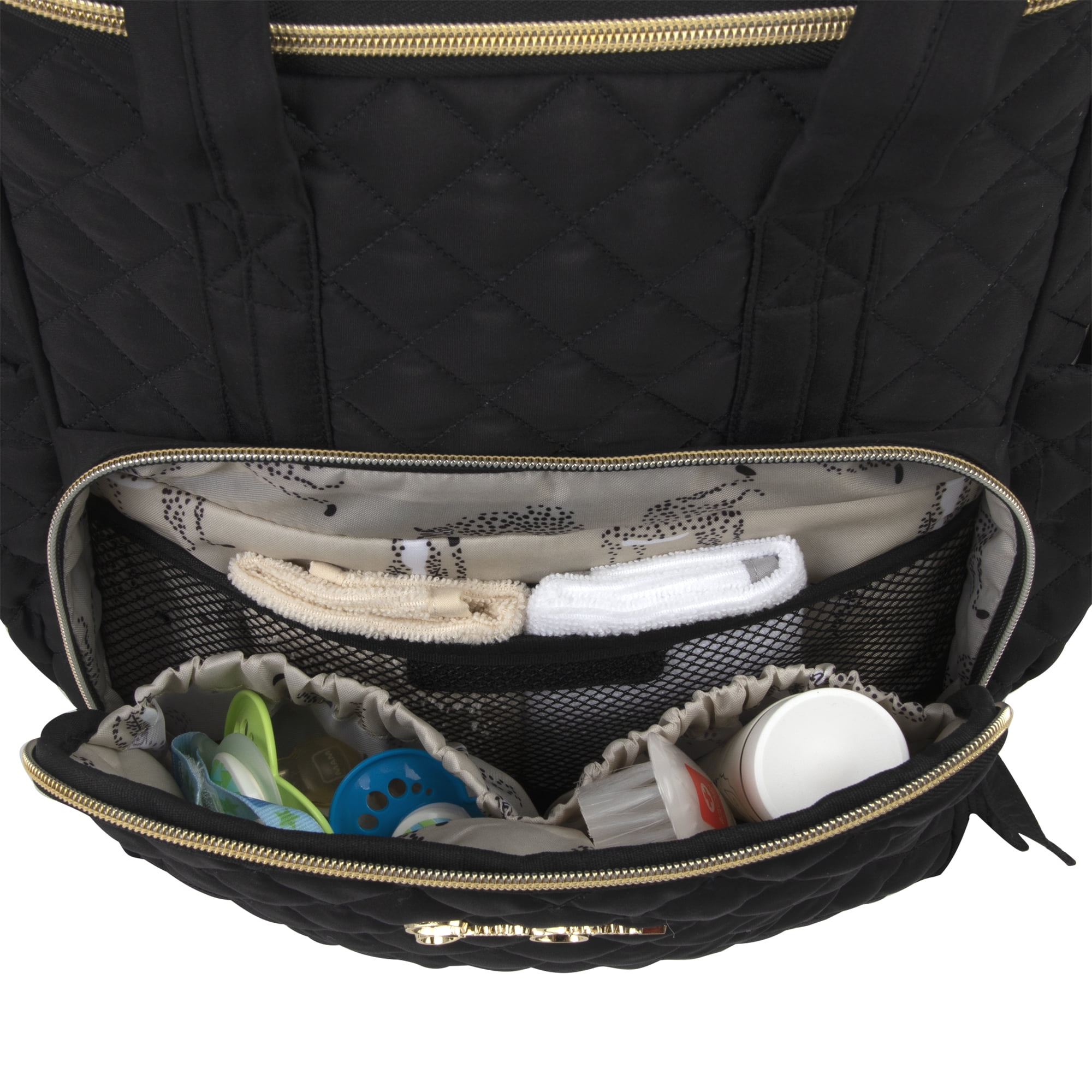 Jessica Simpson Black Diamond Quilted Multi-Pocket Dual Zipper Closure Fashion Diaper Bag Tote and Backpack with Running Cheetah Interior, Matching 3-Ply Folding Baby Changing Pad & Changing Caddy - Image 5