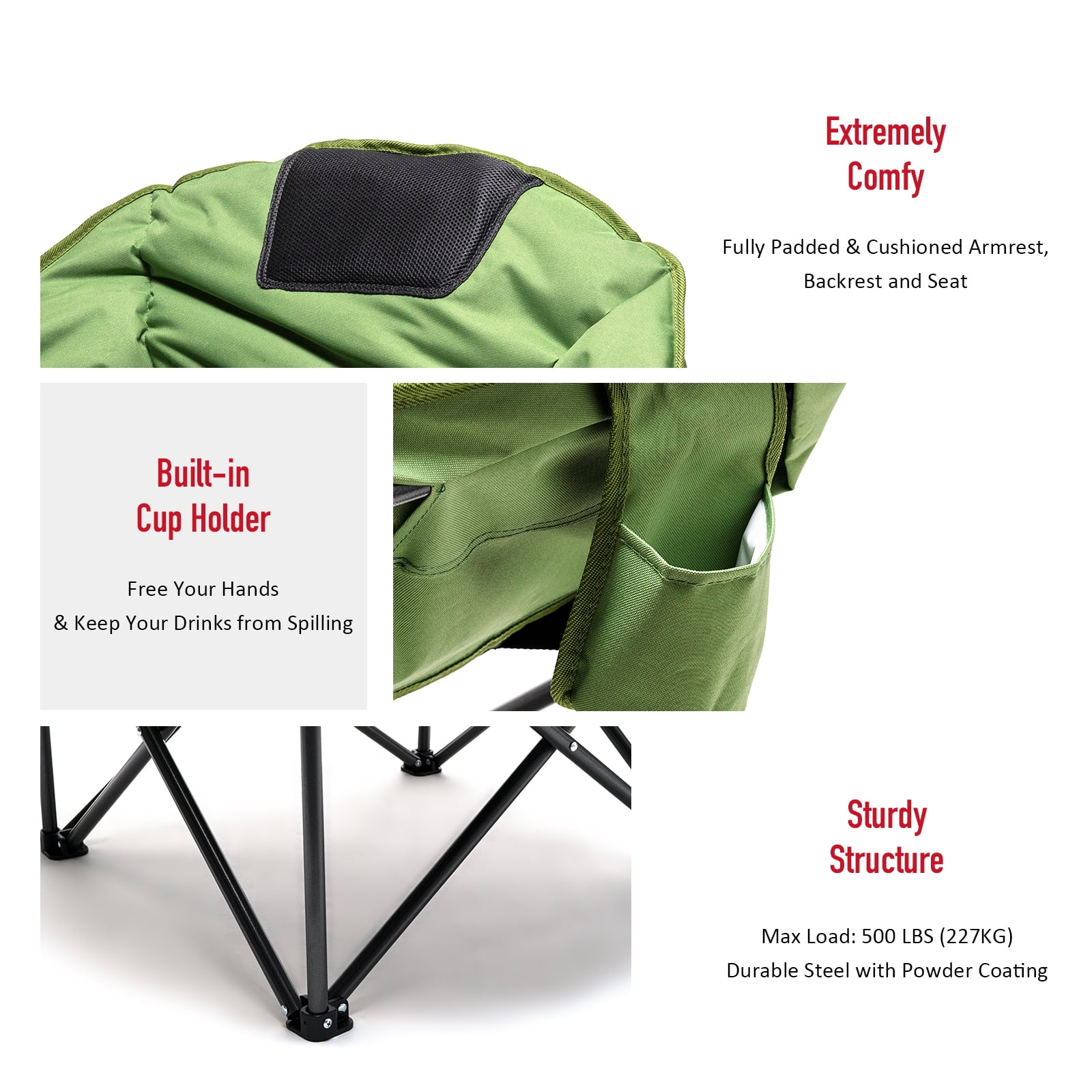 Sunnyfeel Cozy Oversize Folding Camping Club Chair, Comfortable Padded Moon Sofa, Green - Image 6