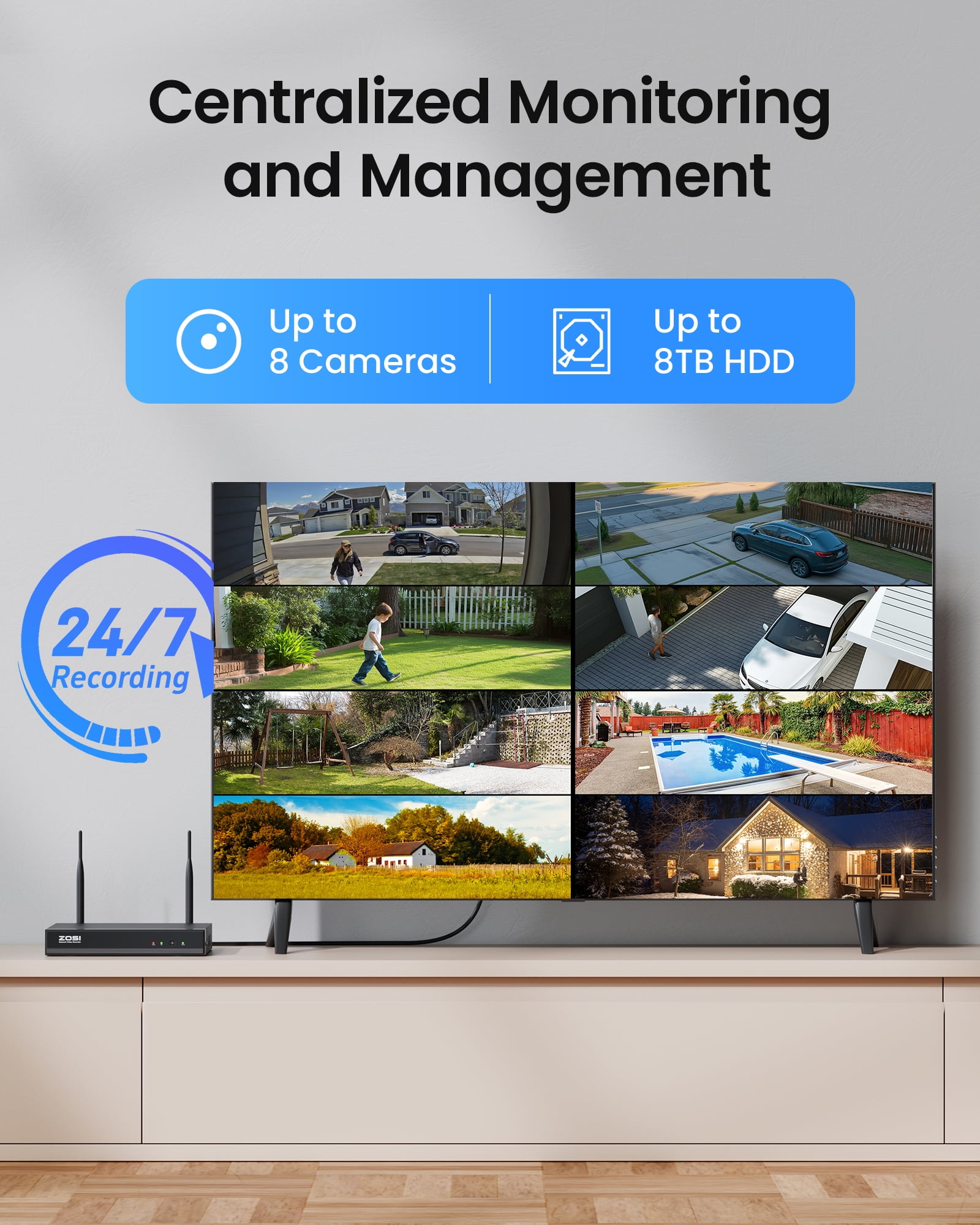 3MP Security Camera System with Audio, ZOSI 8CH Wi-Fi Security Camera System, 2K Outdoor with Color Night Vision,2TB HDD for 24/7 Recording, Smart Home Security - Image 9