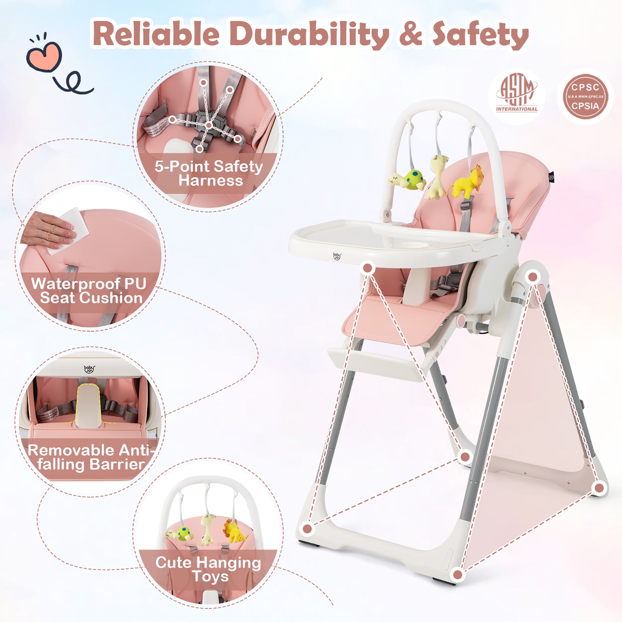 Costway Foldable High Chair Baby Feeding Chair with 7 Adjustable Heights Pink - Image 5