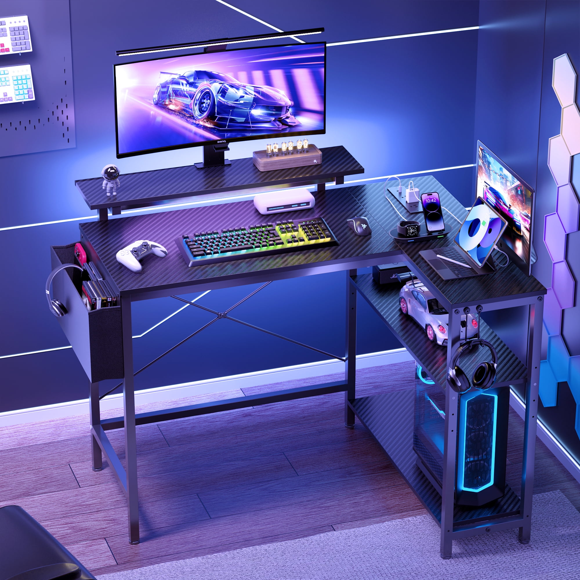 Eunon 42" Gaming Desk with LED Lights Small L Shaped Desk with Power Outlets Monitor Stand Corner Computer Desk,Black Carbon Fiber - Image 6