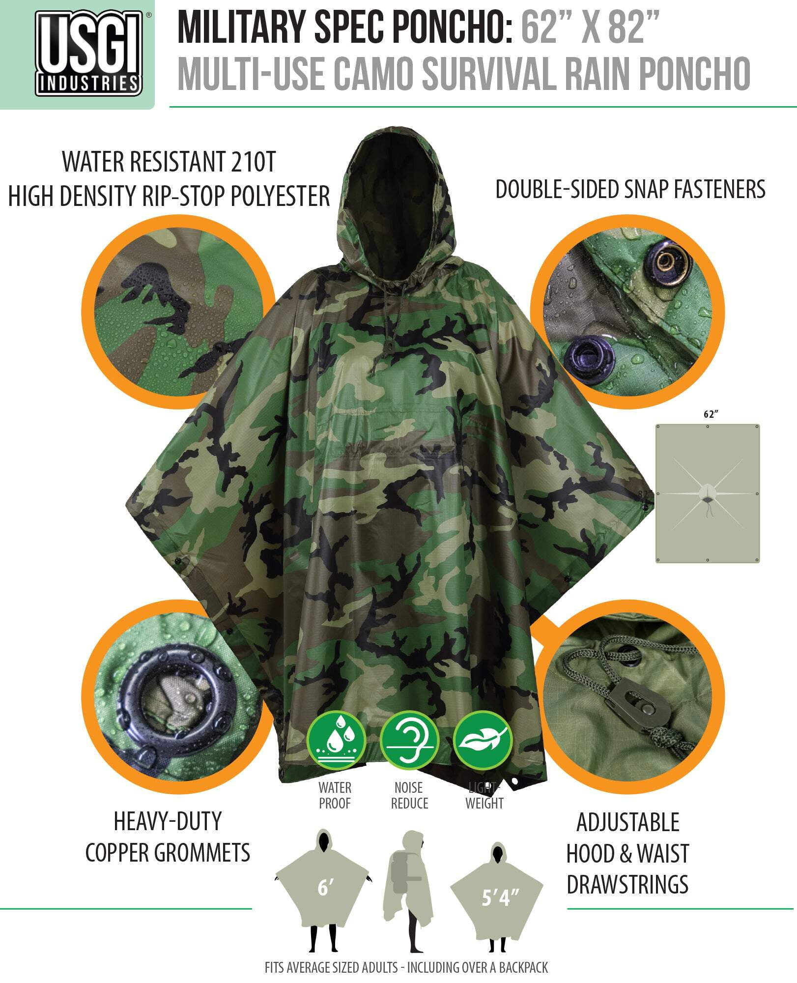 USGI Industries Military Style Poncho - Emergency Tent, Shelter, Survival - Multi Use Rip Stop Camouflage Rain Poncho - Image 3