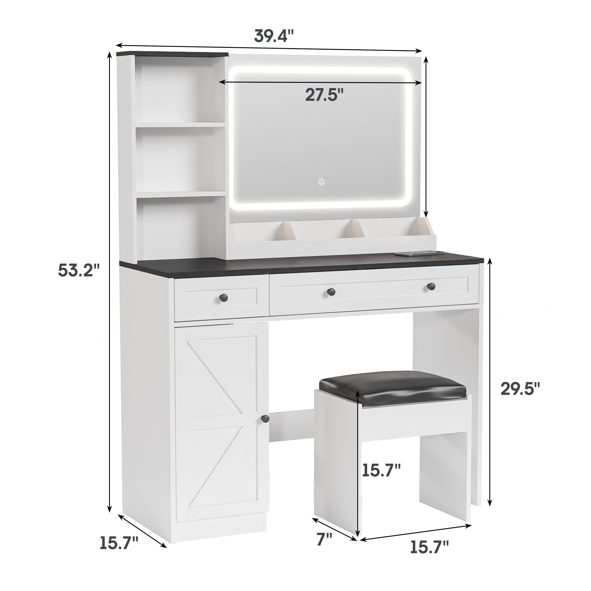 Vabches Vanity Set with Mirror and Lights, Modern Makeup Table with Storage Shelves & Drawers for Bedroom, White - Image 4