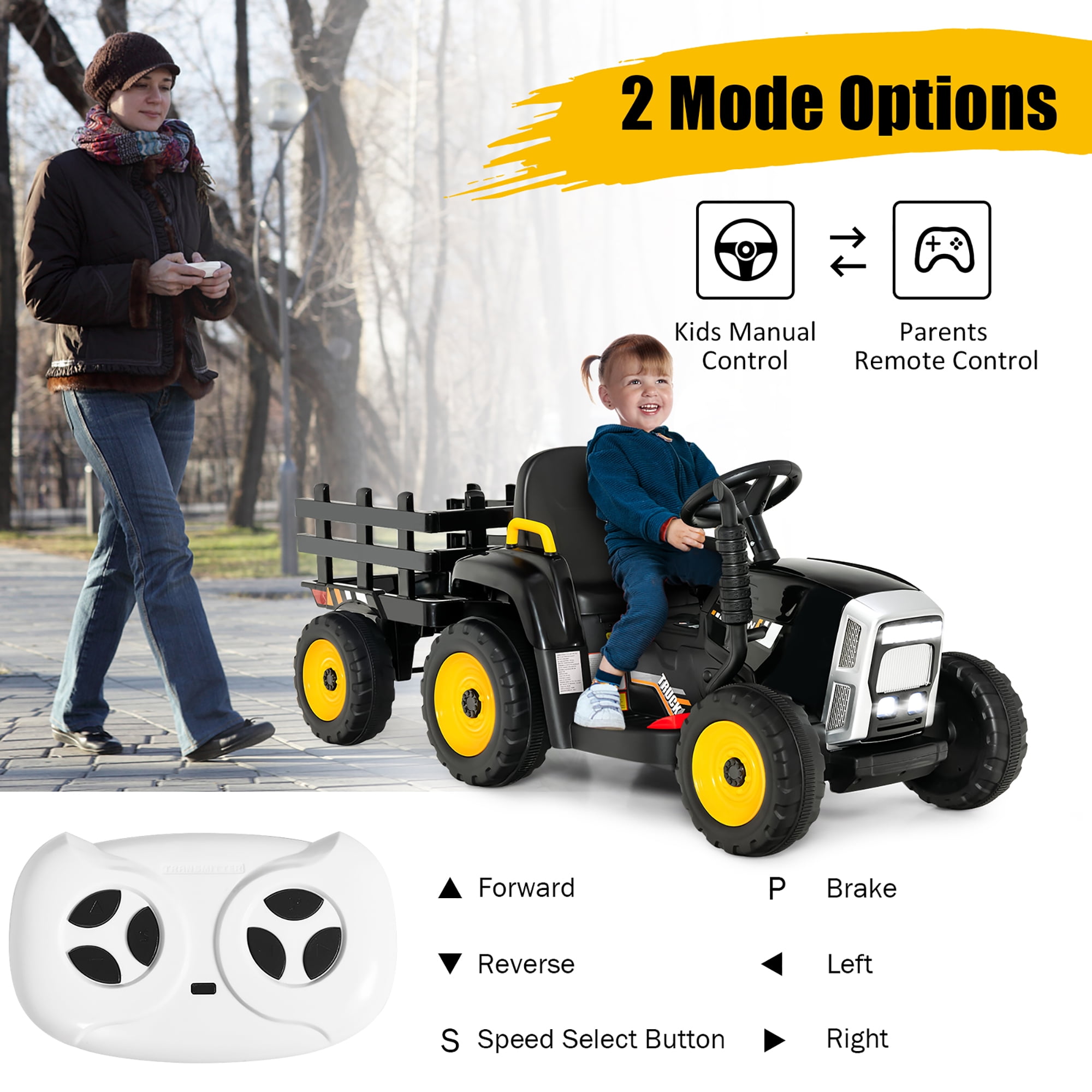 Costway 12V Kids Ride On Tractor with Trailer Ground Loader w/ RC & Lights Dark Black - Image 6