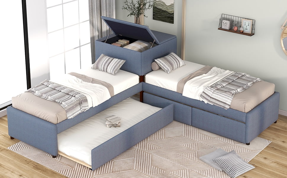 EUROCO Upholstery L-Shaped Twin Platform Bed with Drawers and Trundle,Square Table for Bedroom - Image 5