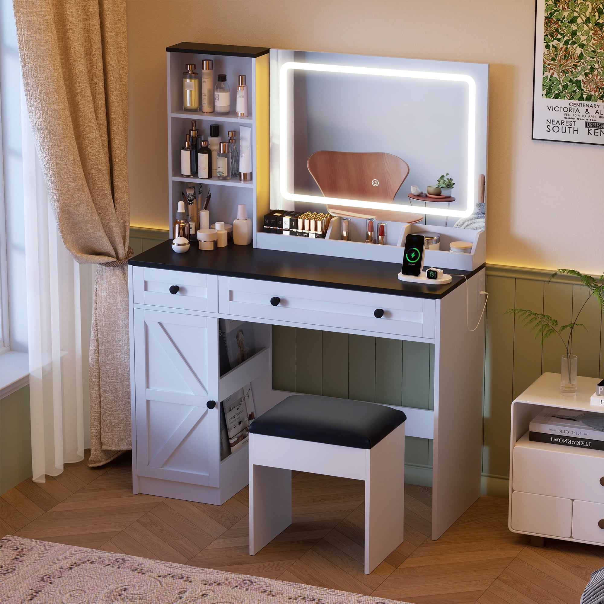 Vabches Vanity Set with Mirror and Lights, Modern Makeup Table with Storage Shelves & Drawers for Bedroom, White - Image 3