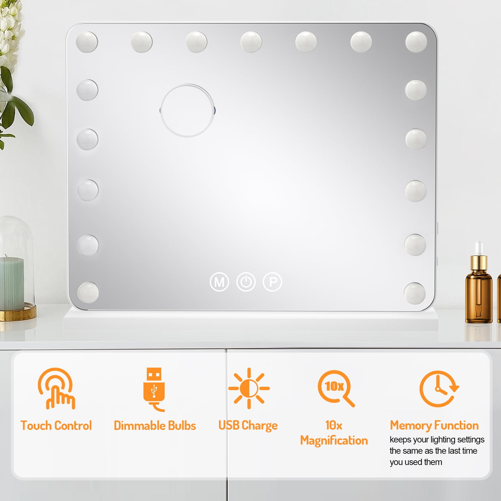 Vanity Mirror with Lights,31.5"x 24.4" Large Makeup Mirror, WLRETMCI Hollywood Mirror with Lights,10X Magnification and Smart Touch Dimmable 3 Modes,Tabletop Wall Mount - Image 6