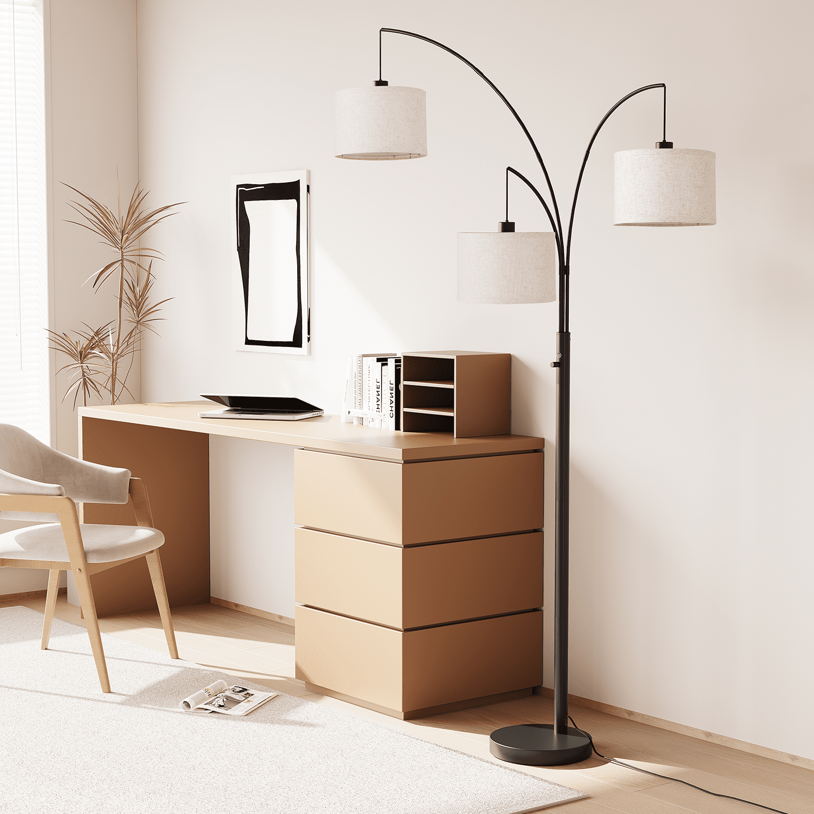 AOHAO 3 Lights Arc Floor Lamps for Living Room Modern Tall Standing Lamp with Beige Shades Heavy Base Mid Century Tree Floor Lamp 3 LED Bulbs Included - Image 5