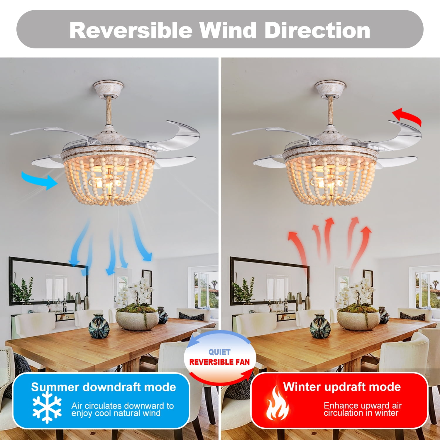Wood Bead Ceiling Fan with Lights, Boho Chandelier, Reverse Retractable Blades, 42 inch 6-Gear Speed, Remote Control, Timing Function, For Kitchen, Living room, Bedroom (Bulb Not Included) - Image 4