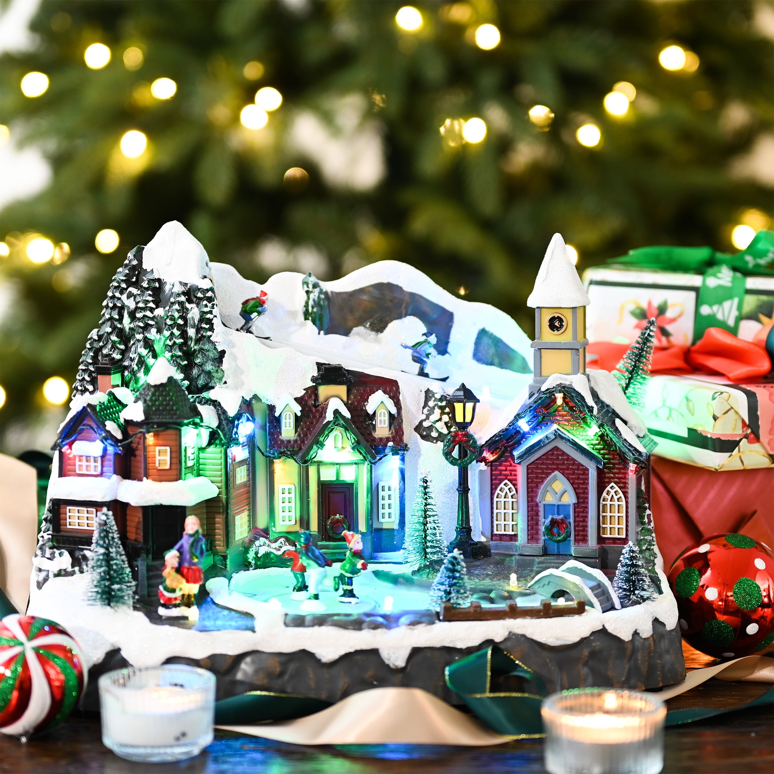 Valery Madelyn 13.3 inches Dynamic Christmas Village, Multi-color Lighted Sledding Down Hill Large Snow Skating Pond Musical Christmas Decoration for Holiday Table Top Decoration - Image 7