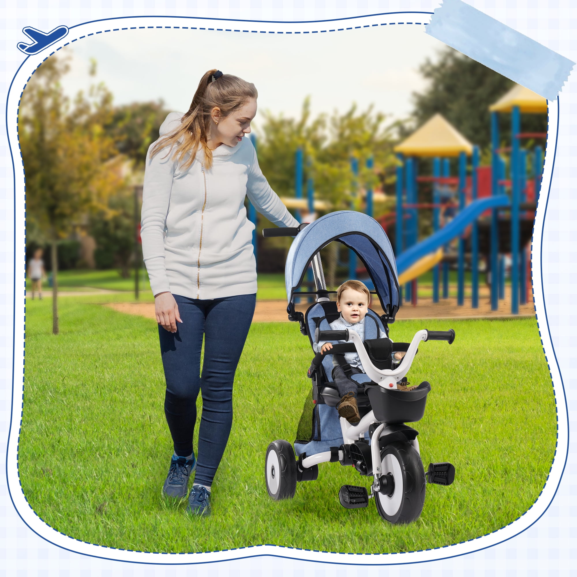 4-in-1 Foldable Baby Tricycle w/Adjust Handle, Canopy & Storage,18M-5Y Blue - Image 3