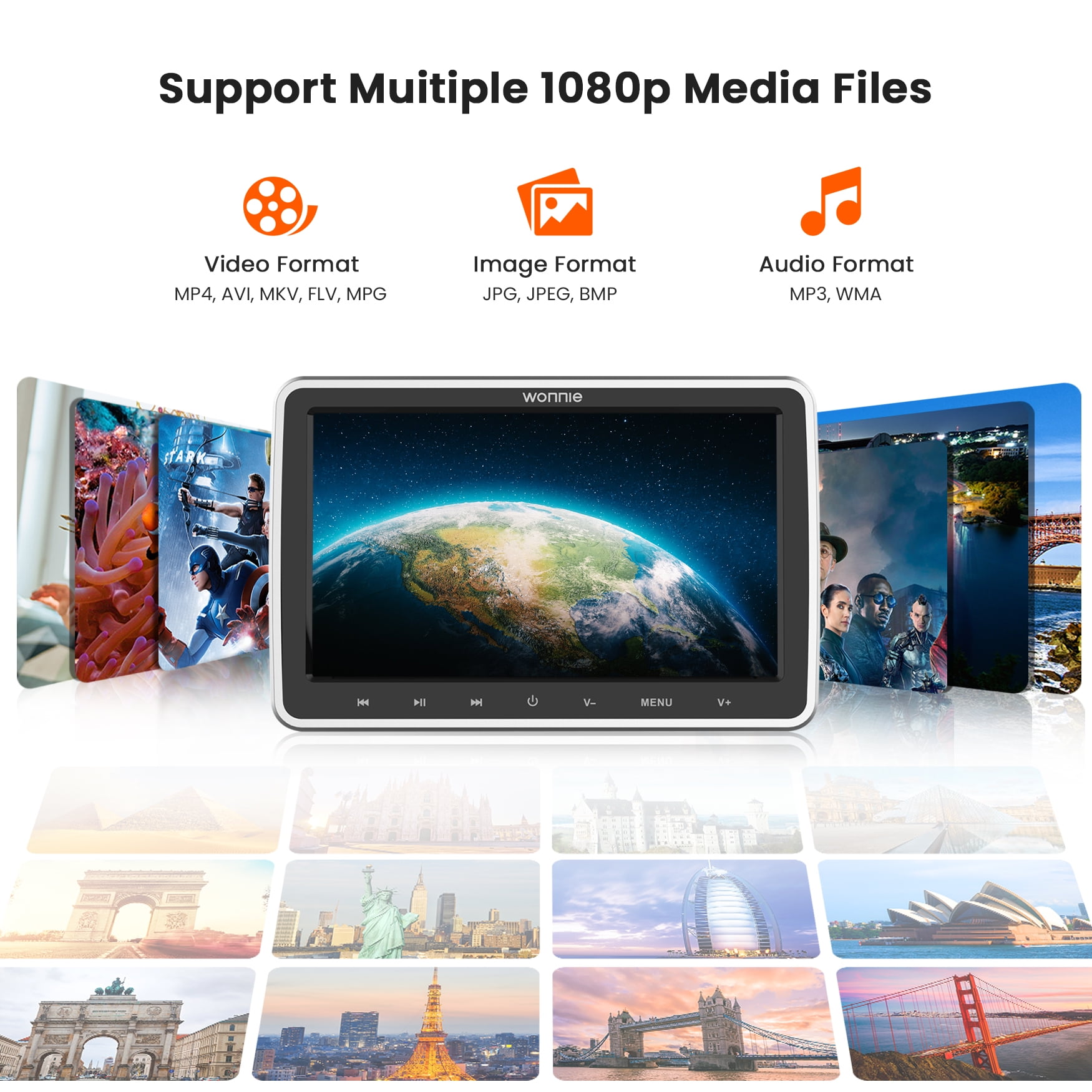 Wonnie 10.5" Headrest DVD Player for Car, Portable DVD Player with Headrest Mount & Headphone, Car DVD Player Support 1080P Video, HDMI Input, USB, SD, AV in /Out, Last Memory,Best Gift Idea for Kids - Image 5