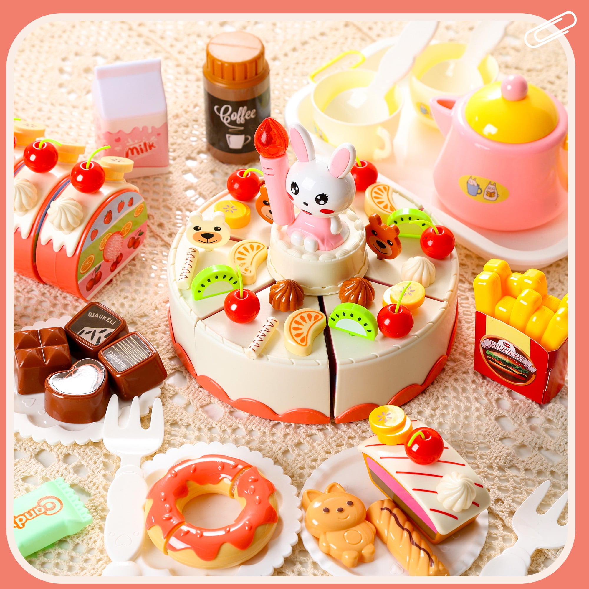 Birthday Cake Toy Play Food Set 85 Pieces Plastic Kitchen Cutting Toy Pretend Play Mundo Toys - Image 5