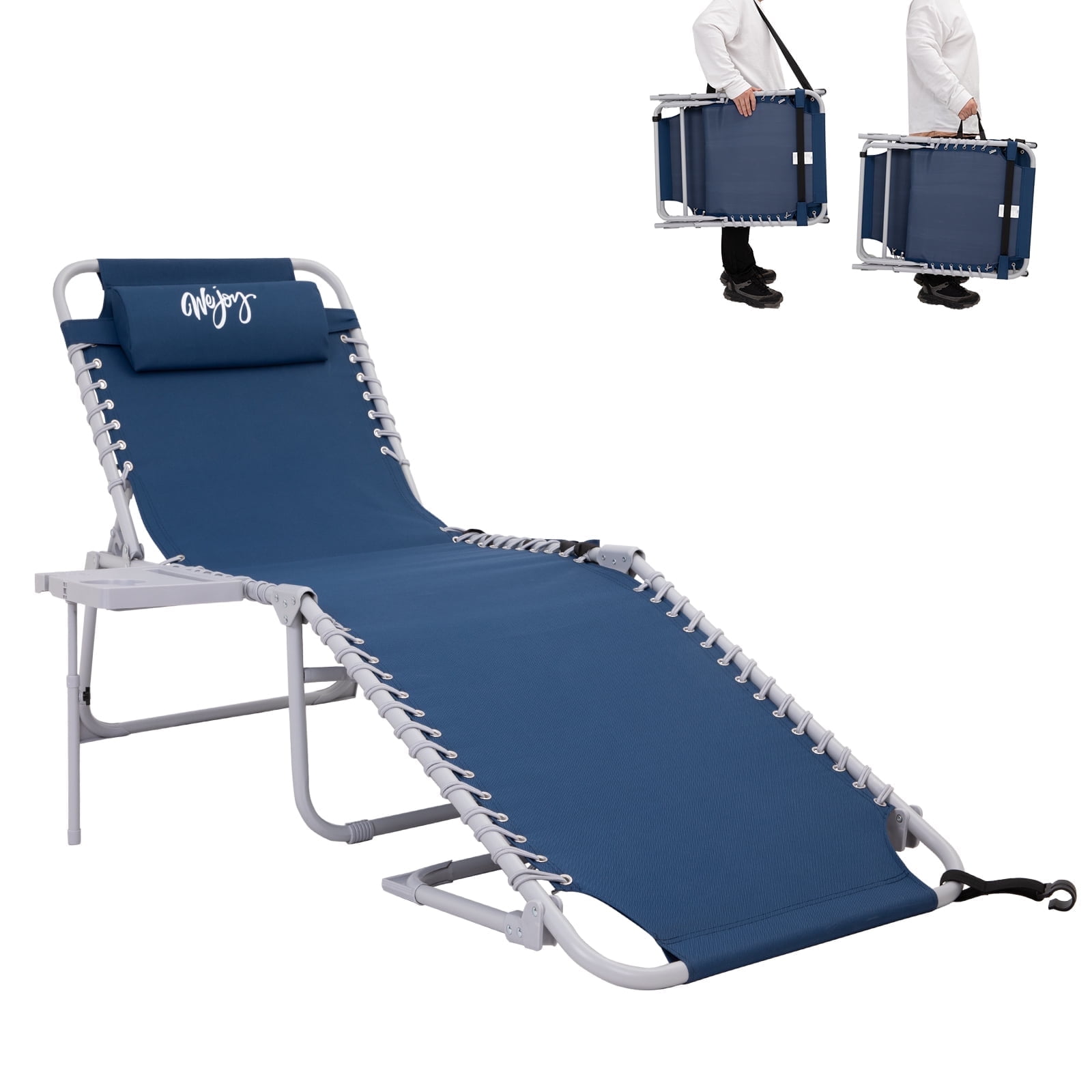 #WEJOY Folding Chaise Lounge, Portable Tanning Chair, 5-Positions Adjustable Beach Chair with Side Table & Pillow & Detachable Pocket, Max Load 264 lbs - Image 8