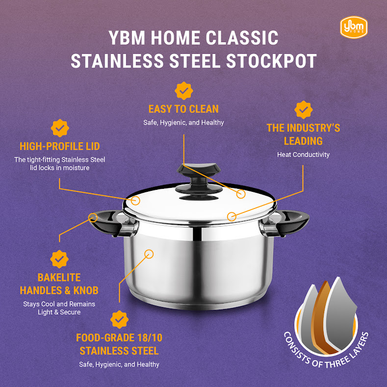 YBM Home Professional Chef’s 18/10 Stainless Steel Stock Pot Covered Tri-Ply Capsule Base With Bakelite Handle, Terrific Mirror Silver, Induction Compatible, 7 Quart - Black - Image 7