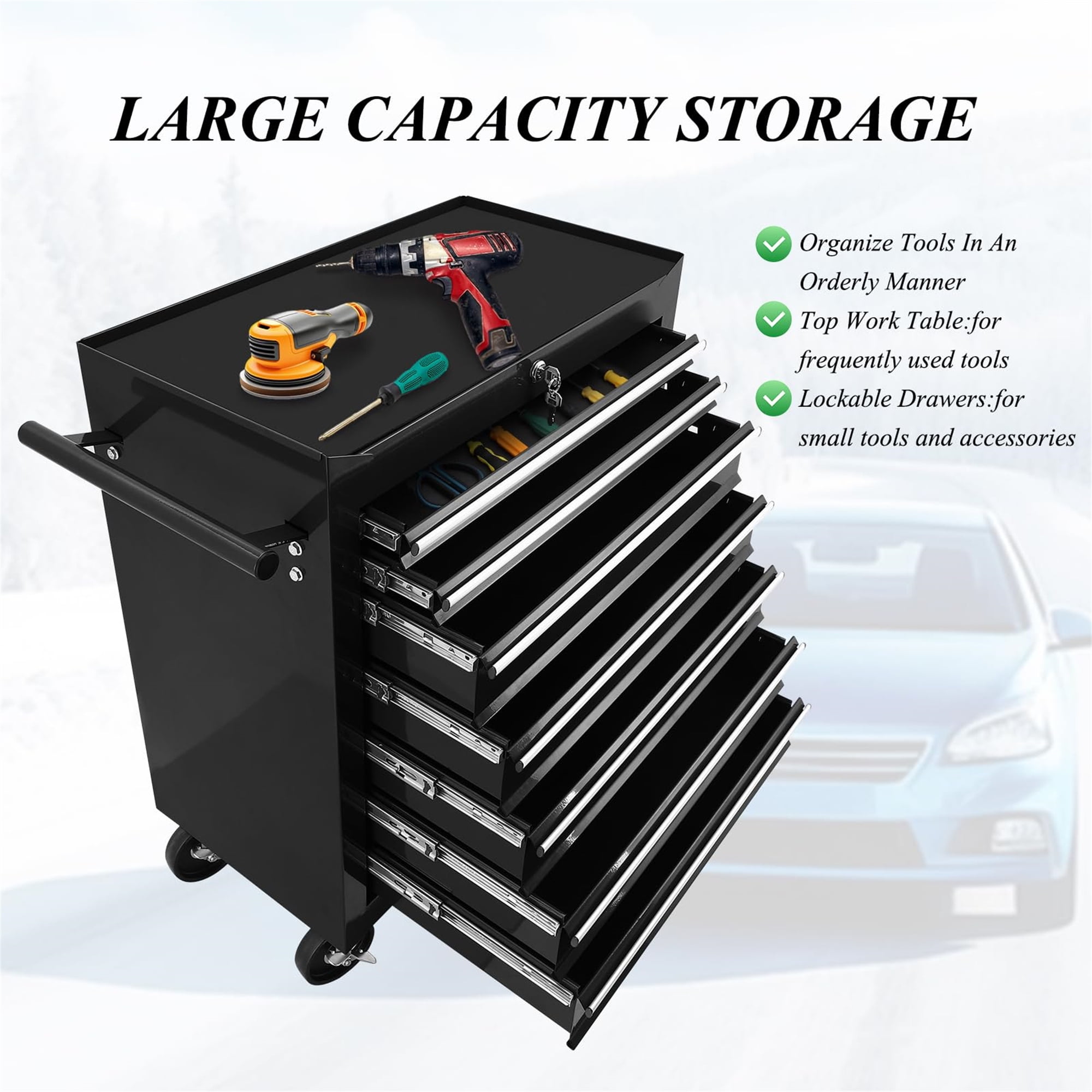 Aukfa Tool Chest, 24.5 in 7-Drawer Steel Rolling Tool Box on Wheels for Workshop Garage, Black - Image 6