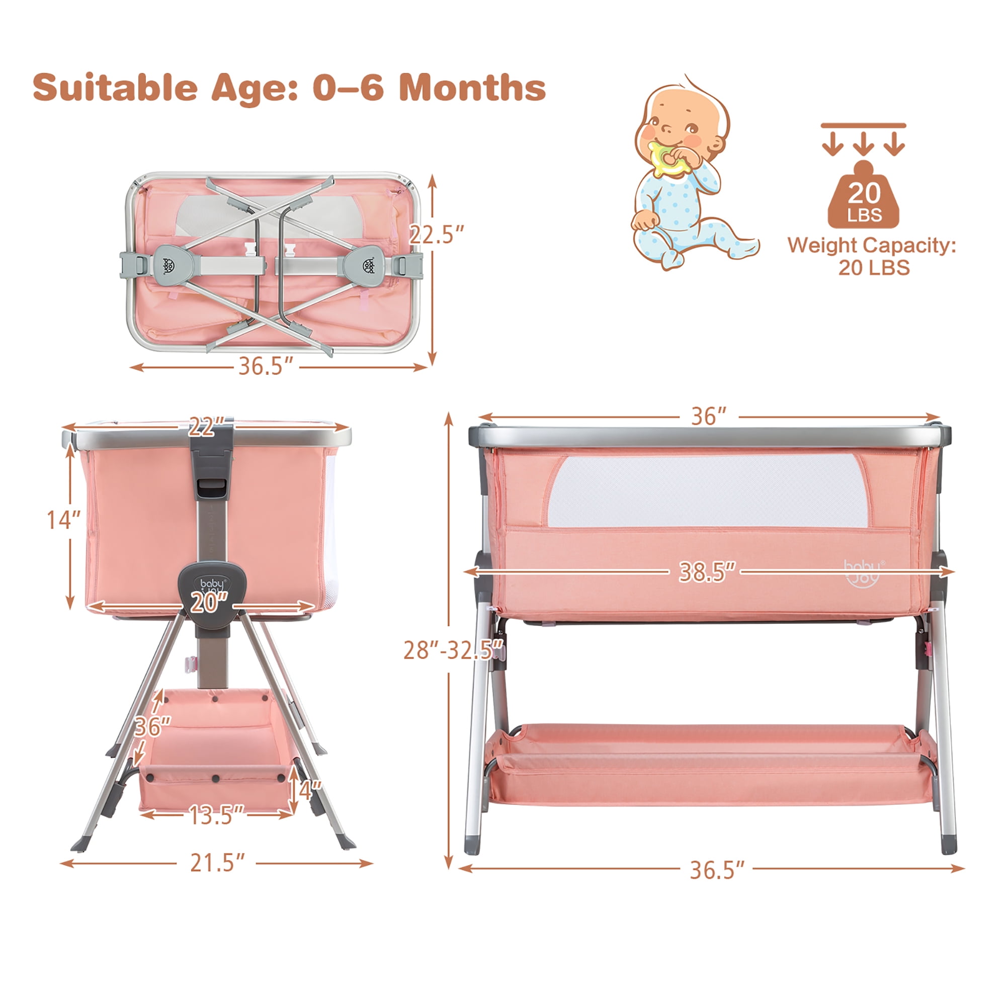 Costway Bed Side Crib Portable Adjustable Baby Infant Travel Sleeper Bassinet Peach - Image 3