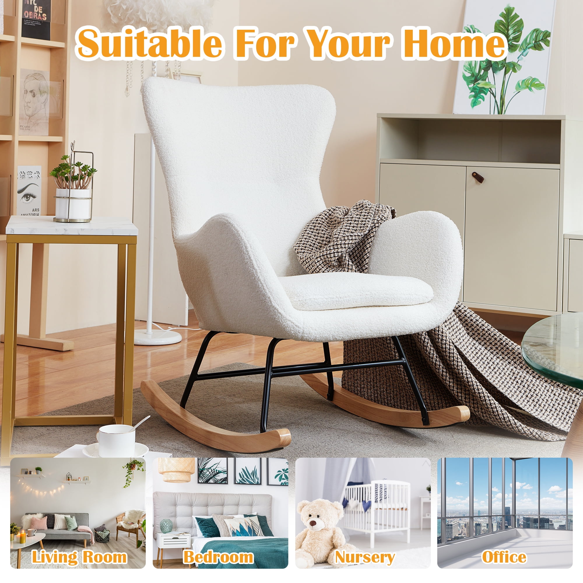 TrumanPick Nursery Rocking Chair, Upholstered Glider Arm Chair Accent Chair with High Wingback for Living Room Baby Bedroom, Teddy Fabric, Ivory White - Image 3