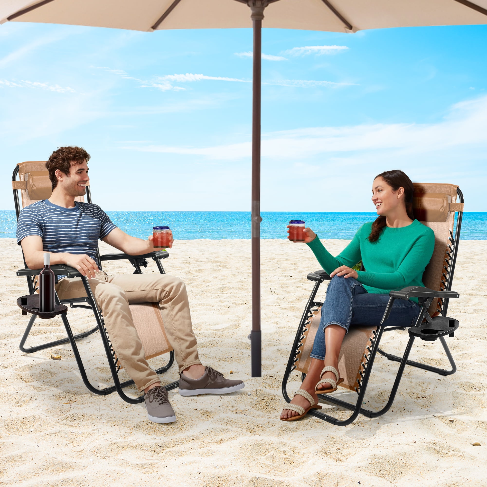 FlexWave Outdoor Reclining Lounge Chair Set, Zero Gravity Chairs,1 Piece/Set or 2 Piece/Set,with Headrest & Cup Holder, Foldable,for Lawn, Poolside, Beach, Camping - Image 5