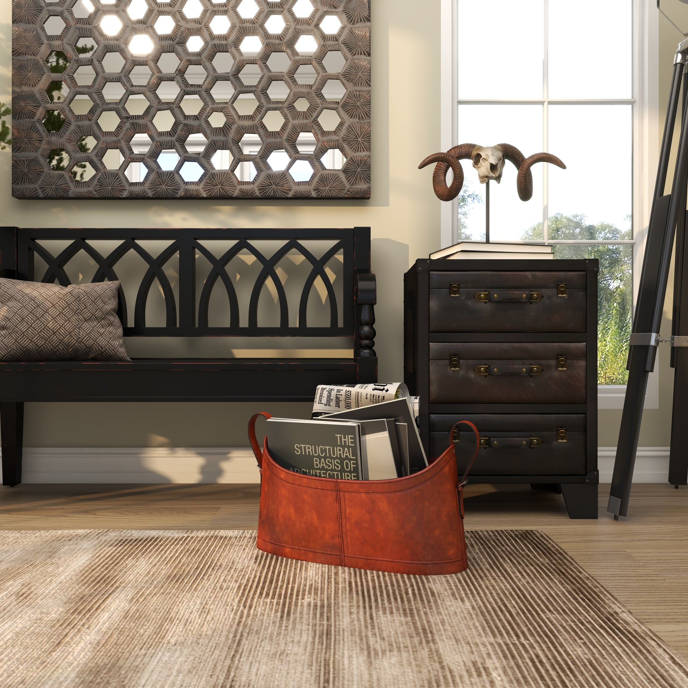 DecMode 12" Brown Leather Handmade Curved Box Style Single Slot Magazine Holder with Buckle Handles - Image 4