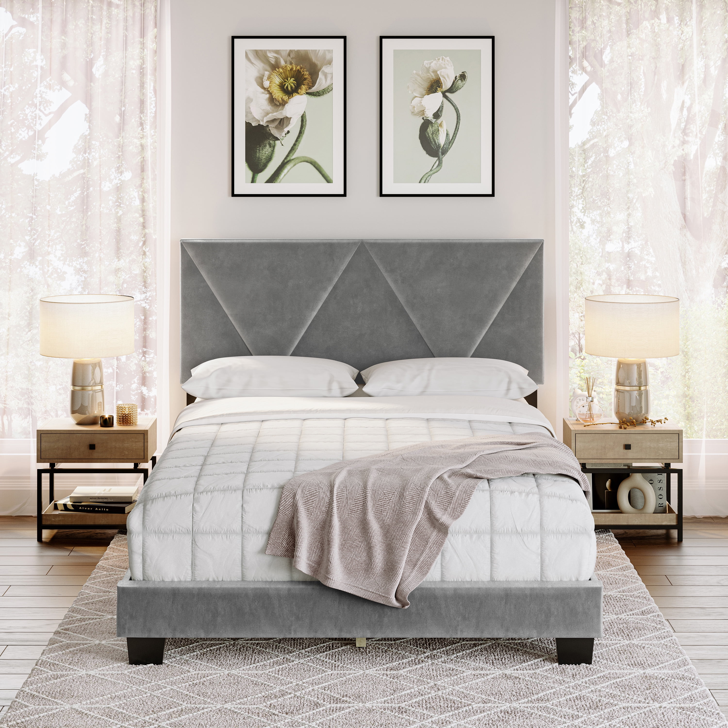 Boyd Sleep Vector Gray Velvet Queen Size Upholstered Platform Bed Frame with Adjustable Headboard - Image 6