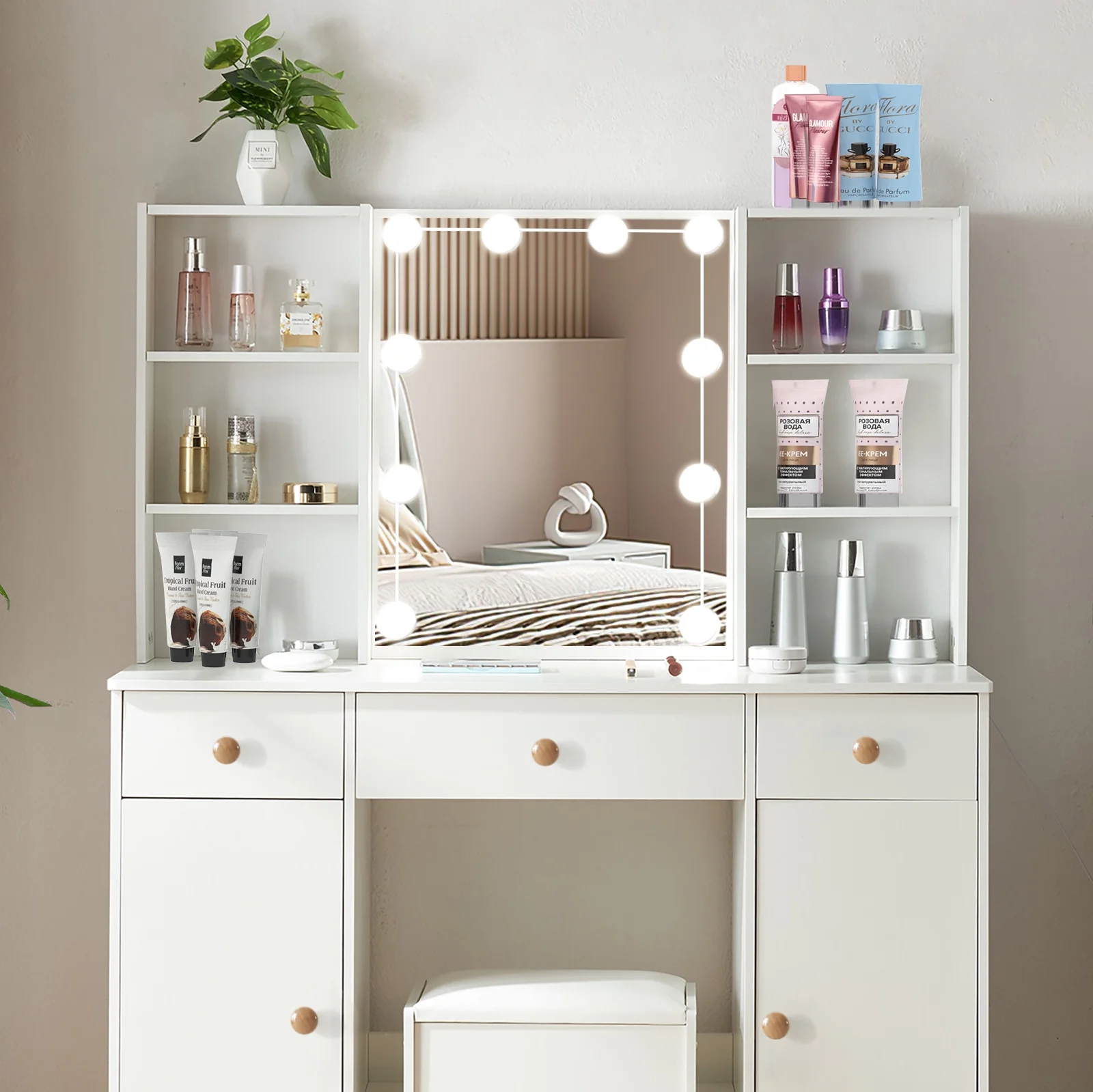 Yamissi Large Vanity Set with Stool, Sliding Mirror & 10 LED Lights, Makeup Dressing Table with 3 Drawers and Cabinets for Bedroom, White - Image 5
