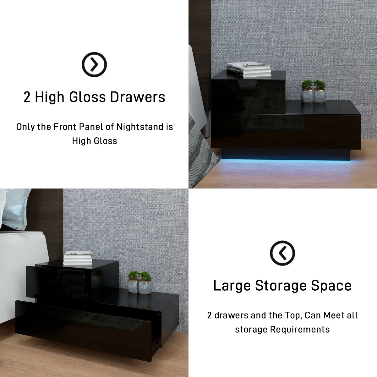2 Drawers Nightstand W/RGB 20 LED Light Mode, Modern Home Furniture Decor - High Gloss White Black - Image 3