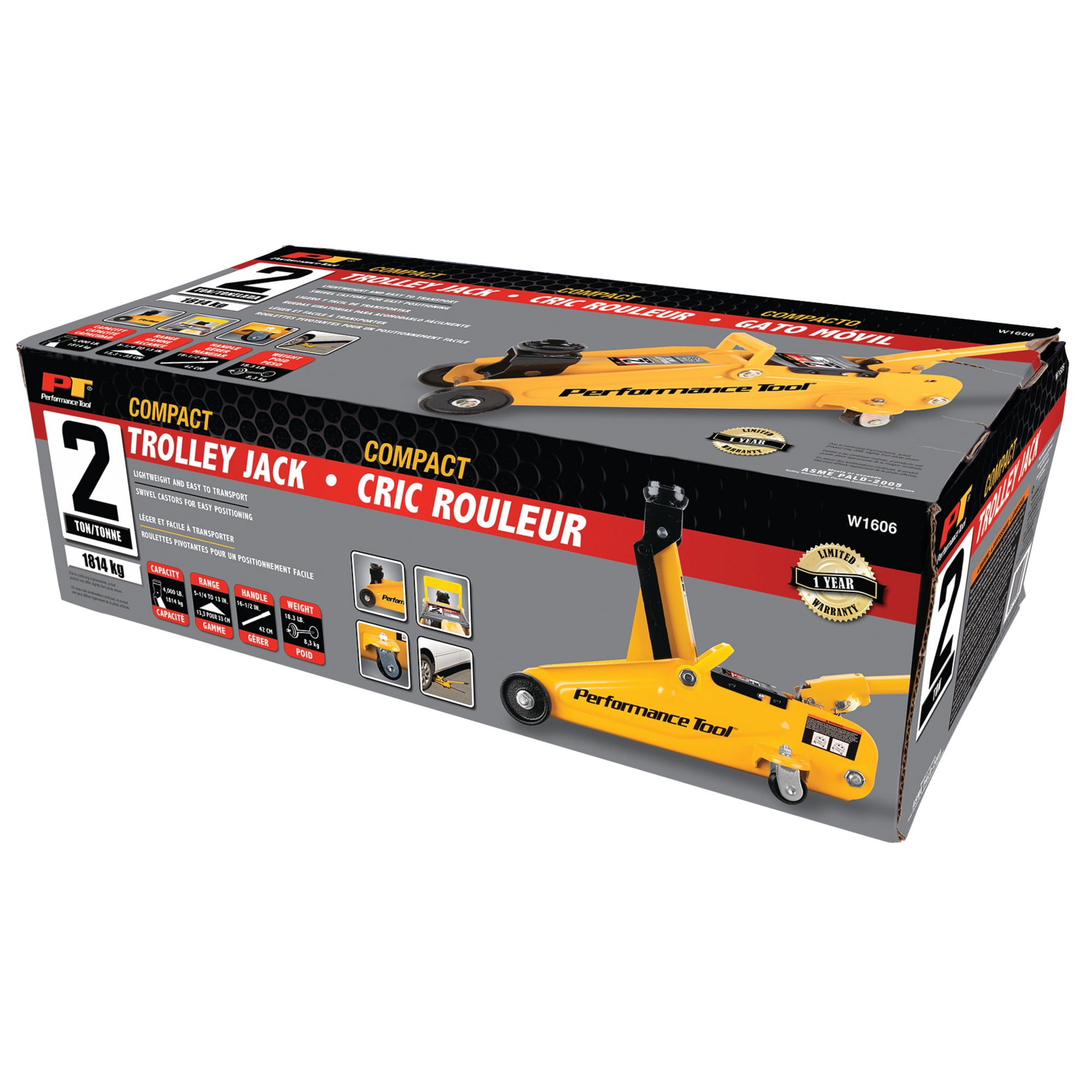 Performance Tool W1606 2-Ton Capacity Compact Trolley Jack - Carrying Handle, 4,000 Lbs. Capacity, Swivel Casters - Yellow - Image 5