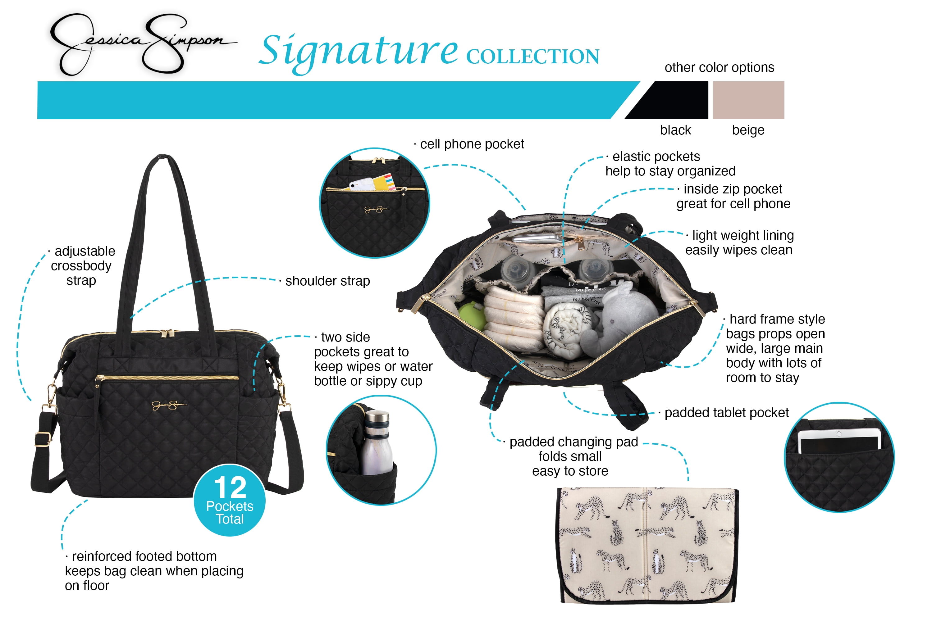 Jessica Simpson Large Black Diamond Stylish Quilted Multi-Pocket Dual Zipper Closure Fashion Diaper Bag Travel Tote Satchel with Luggage Strap, Running Cheetah Print Interior & Changing Pad - Image 4