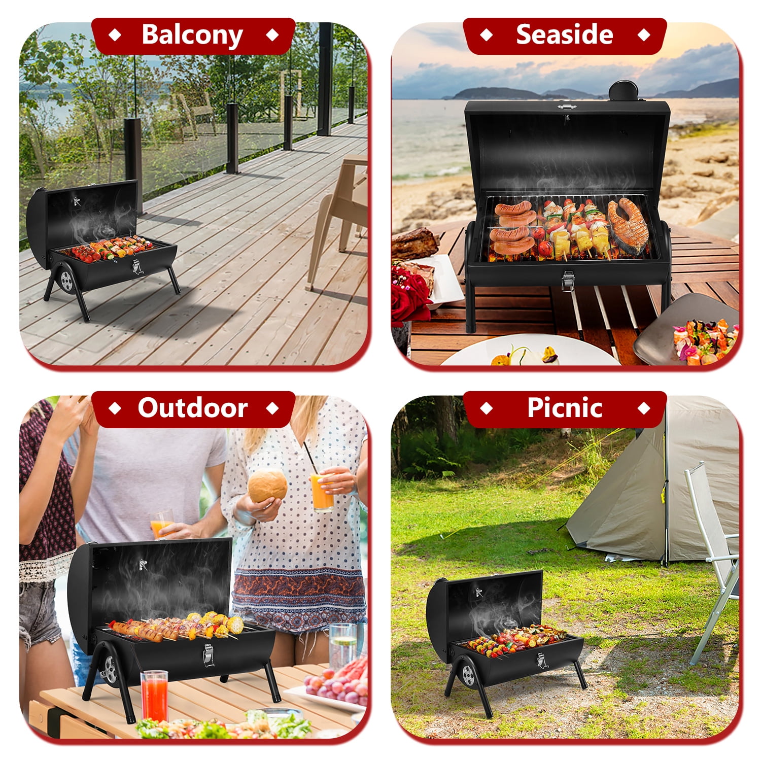Walchoice Tabletop Charcoal Grill with Thermometer & Chimney, Small Portable Barbecue Grill for Outdoor Cooking Camping Picnic Backyard Beach - Black - Image 3