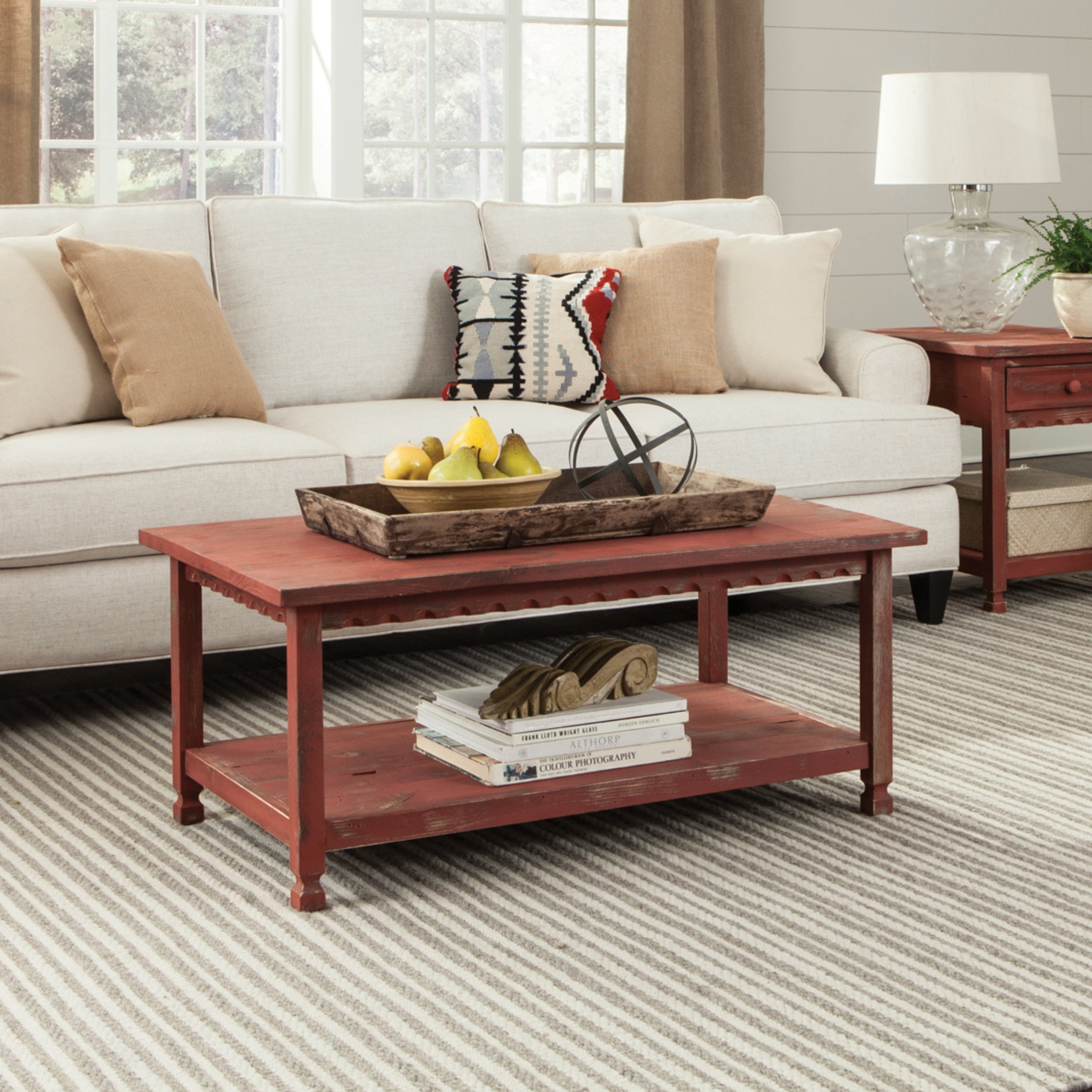 Alaterre Furniture Country Cottage 42" Rustic Rectangular Coffee Table, Solid Wood Living Room Furniture, Red Antique Finish - Image 12