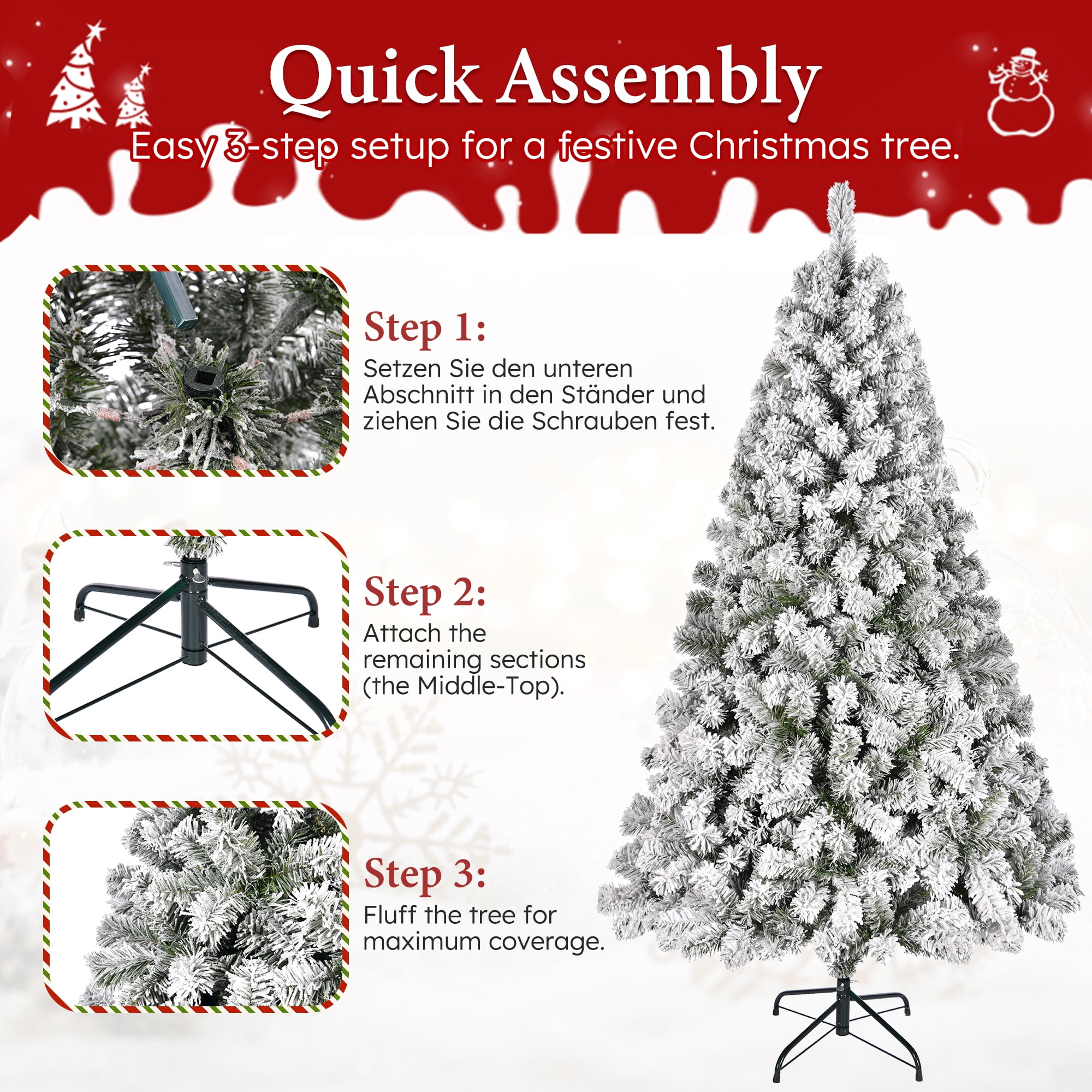 SUGIFT Snow Flocked Christmas Tree 7.5ft Full Artificial Tree with 1405 Tips Hinged Branches PVC Needles Foldable Metal Stand Easy Assembly Winter Wonderland Decor - Image 9