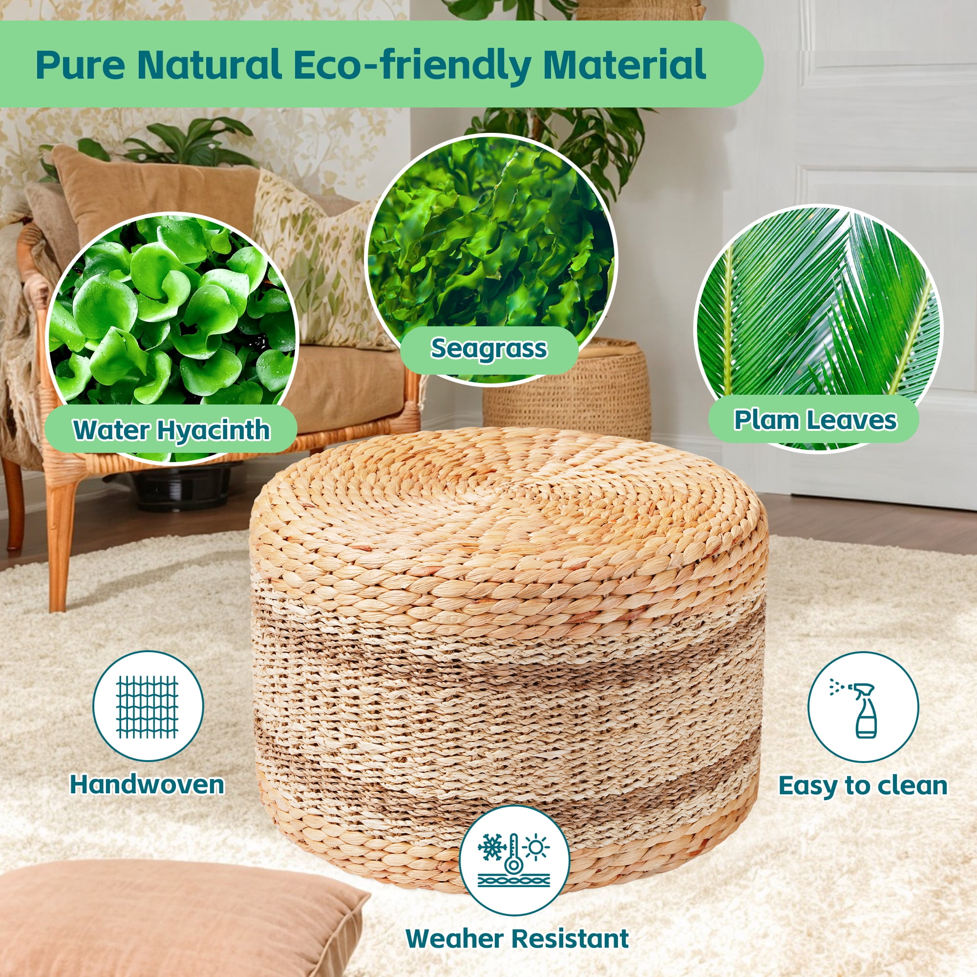 TrumanPick Seagrass Pouf Ottoman 18"x12", Accent Boho Footstool for Indoor Outdoor, Natural - Image 8