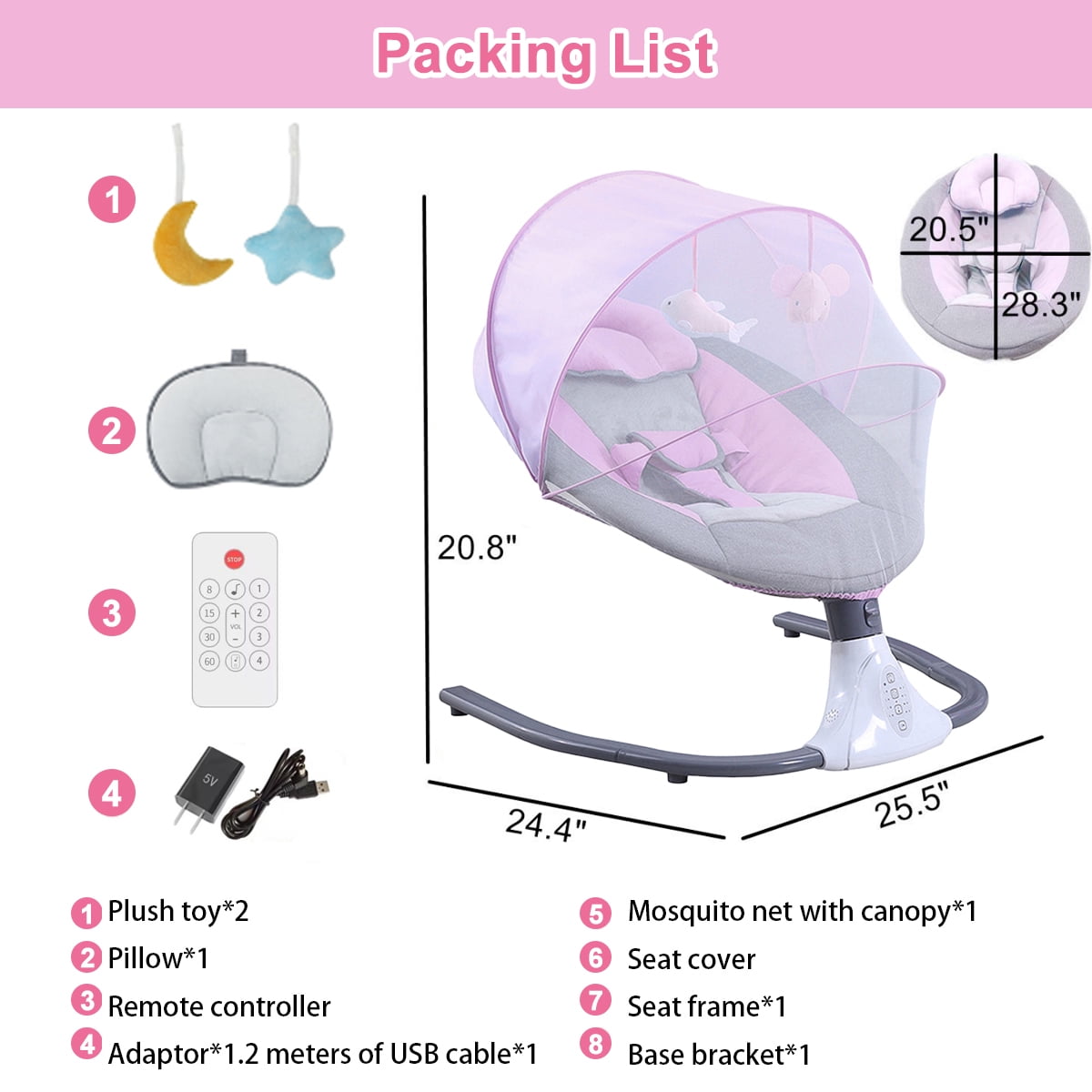 Beuway Electric Baby Swing, Infant Swing Rocker with Remote Control, 4 Sway Speeds, Bluetooth Music, Pink - Image 4