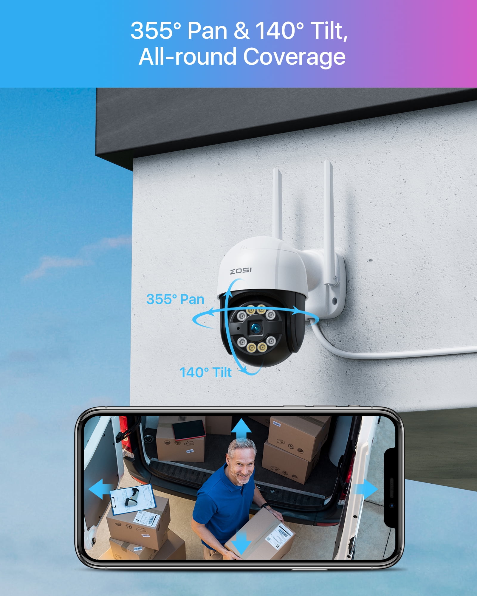 3MP PTZ WiFi Security Camera System with Two Way Audio, ZOSI 360° Outdoor Wireless Security Camera with Color Night Vision, Waterproof, 1TB HDD for 24-7 Recording, Home Security - Image 4