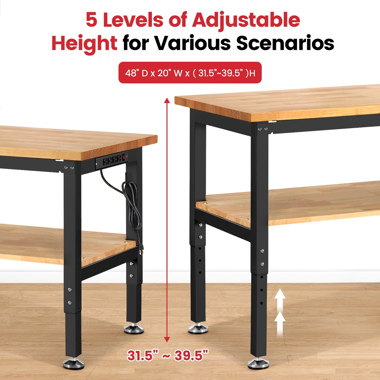 Workbench for Garage,ENJOYWOOD Heavy-Duty 48 inch 2 Tier Wood Work Bench with Storage Pegboards,Rubber Mat,Power Outlets, Rubber Wood Tabletop 2000 LBS Load Bearing Workstation Garage Desk Work Table - Image 5