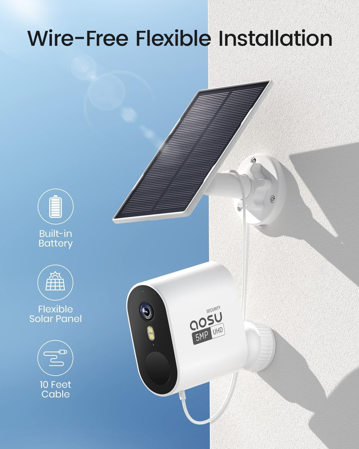 AOSU 5MP Solar Security Cameras Outdoor Wireless, Ultra HD Video Home Security System 4-Cam Kit with 166° Ultra Wide Angle, Cam-to-Cam Sync, Color Night Vision, Spotlight & Siren, No Monthly Fees - Image 3