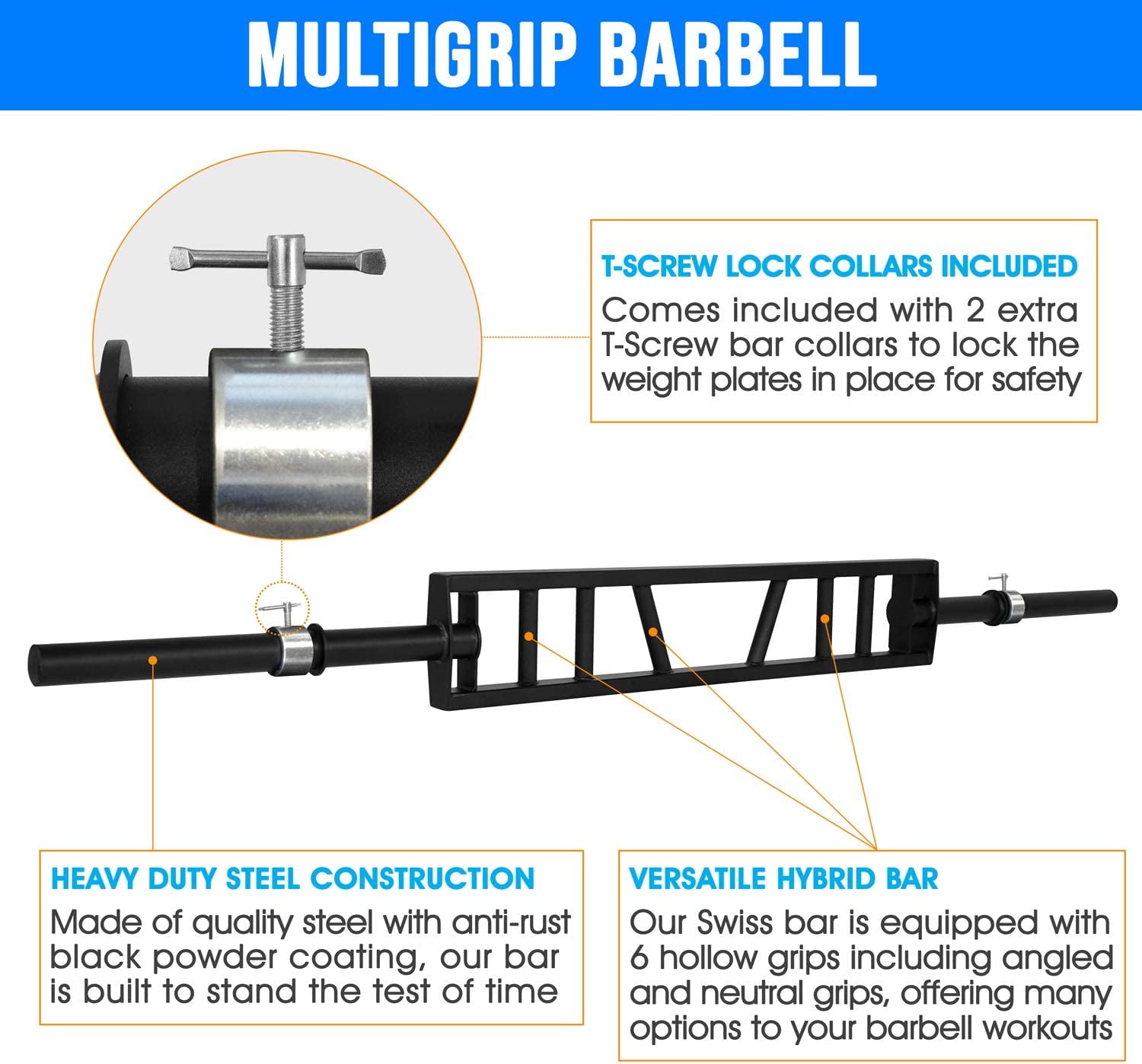 Yes4All Multi Grip Barbell & Cable Attachment - Swiss Bar, American Bar for Greater Range of Motion, with 2 Collars, Fits Olympic Weight Plates - Home Gym & Support Pressing, Lifting & Curls - Image 6