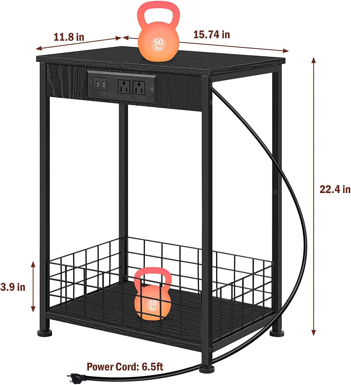 2 Tier Nightstands End Tables with Charging Station and Storage Basket Set of 2, Black - Image 5