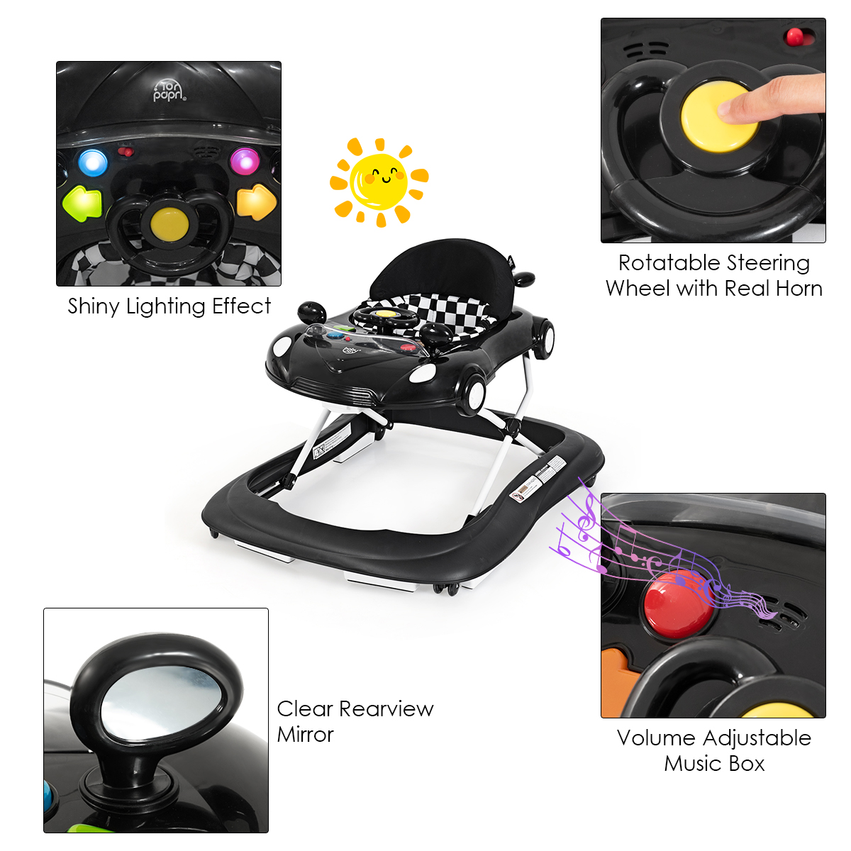 Costway 2-in-1 Foldable Baby Walker w/ Adjustable Heights & Music Player & Lights Black - Image 7