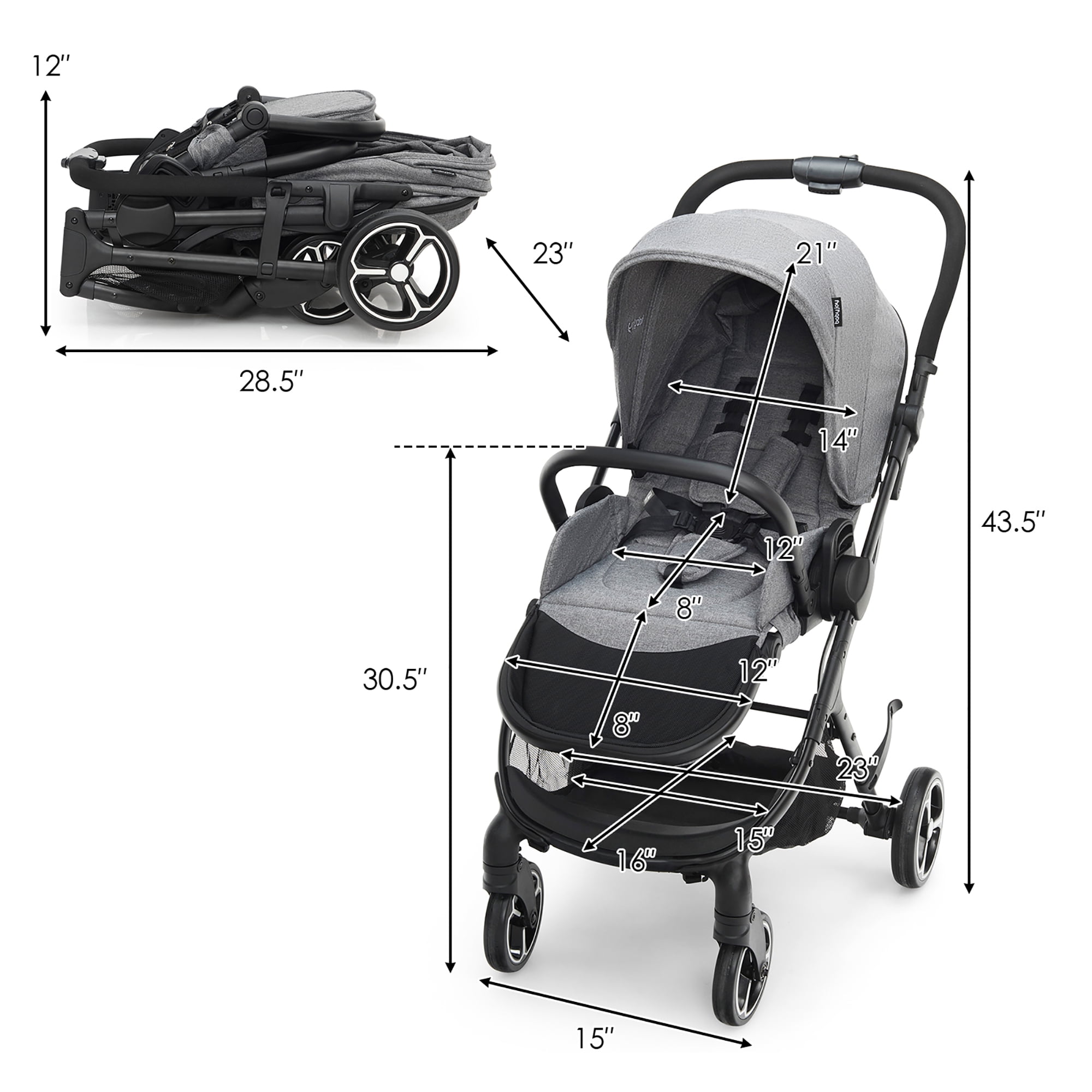Costway High Landscape Foldable Baby Stroller with Reversible Reclining Seat 20 lbs Gray - Image 3