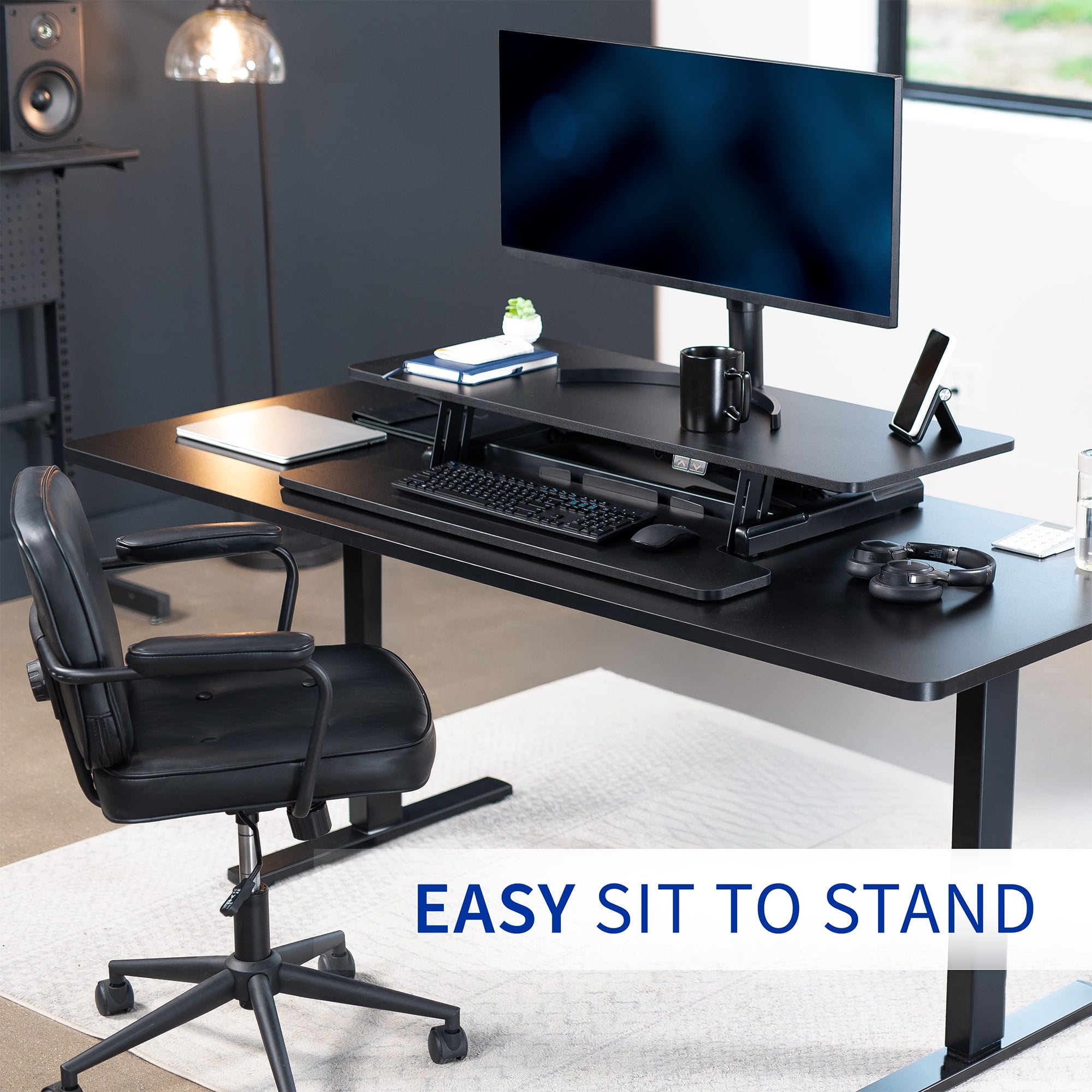 VIVO Black Electric 42" Standing Desk Monitor Riser, Dual Arm Sit Stand Tabletop - Image 3