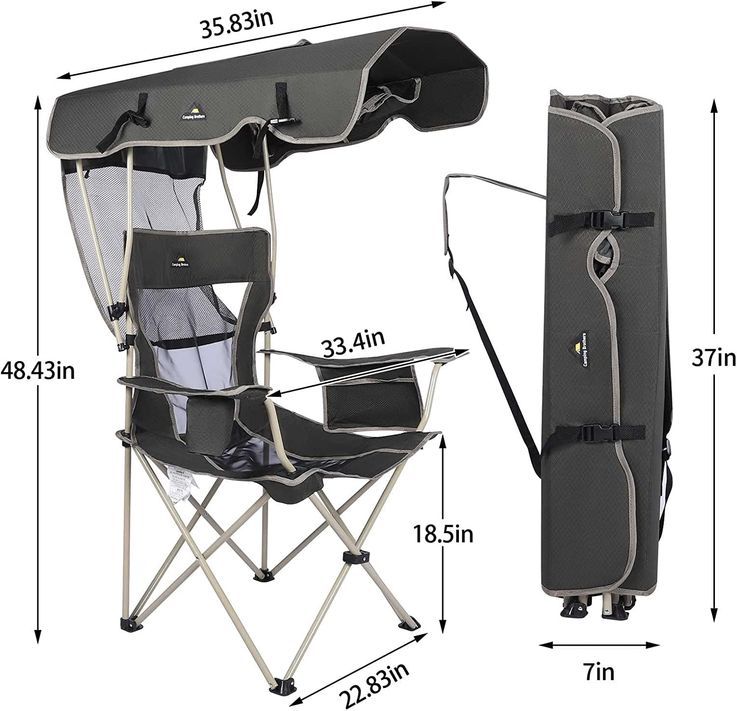 Camping Brothers Camping Chair with Shade Canopy - Outdoor Folding Patio Chair - Includes Retractable Sun Shade, Cup Holder, Side Pockets (Navy) - Image 5